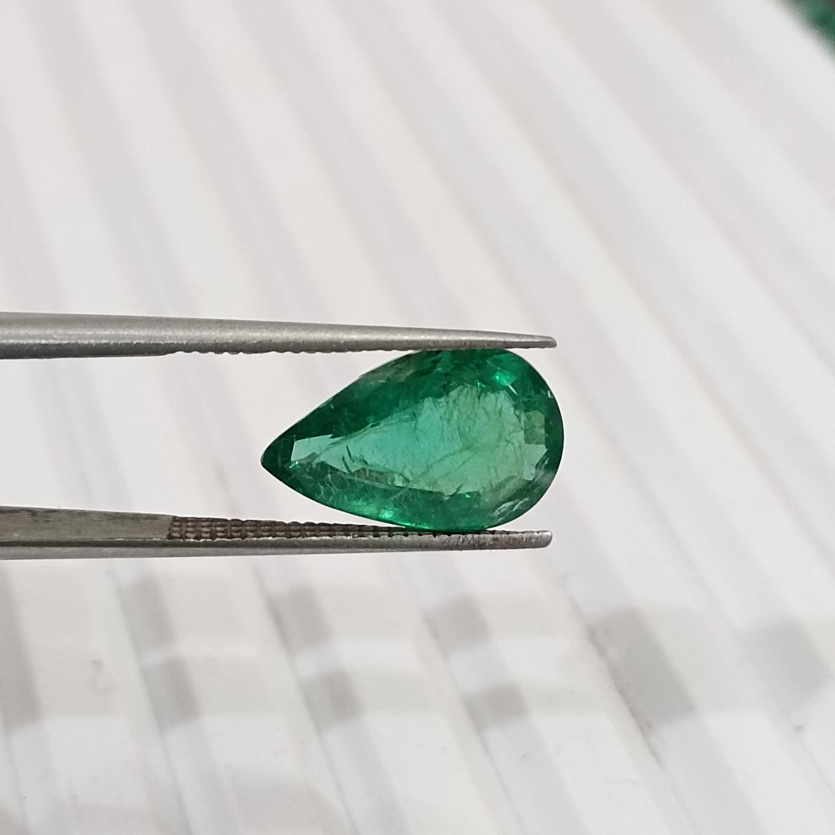 2.93ct saturated golden green pear shape emerald