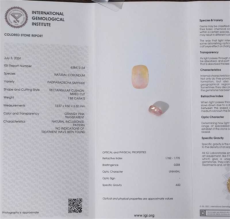 7.88ct IGI certified Unheated padparadscha sapphire gemstone