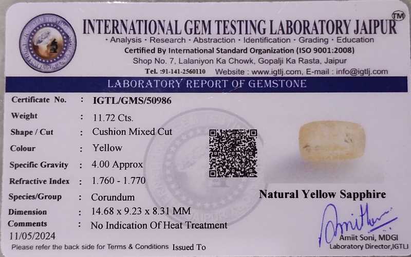 11.72ct IGI certified medium deep yellow cushion cut sapphire gem