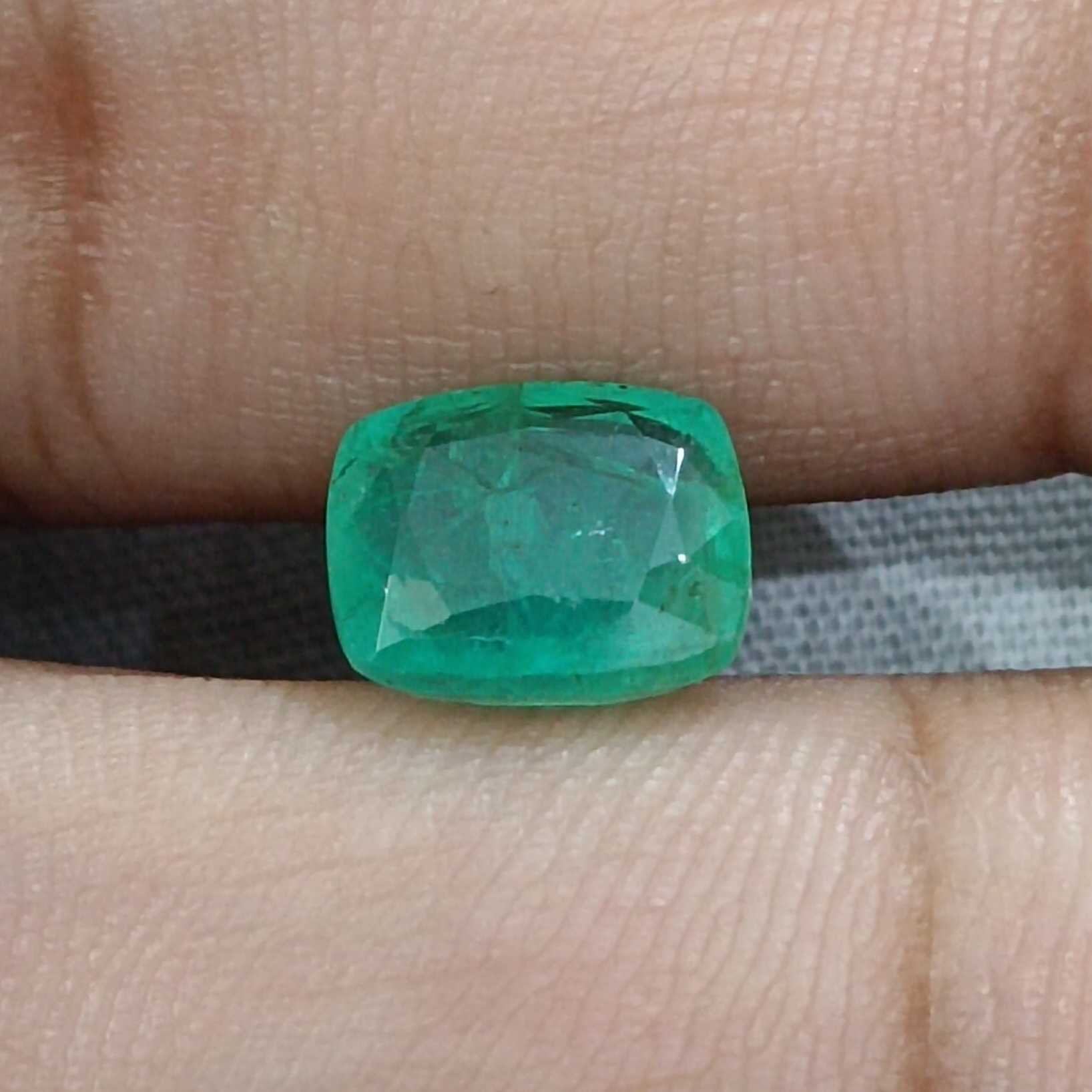 2.84ct medium cloudy green cushion cut emerald