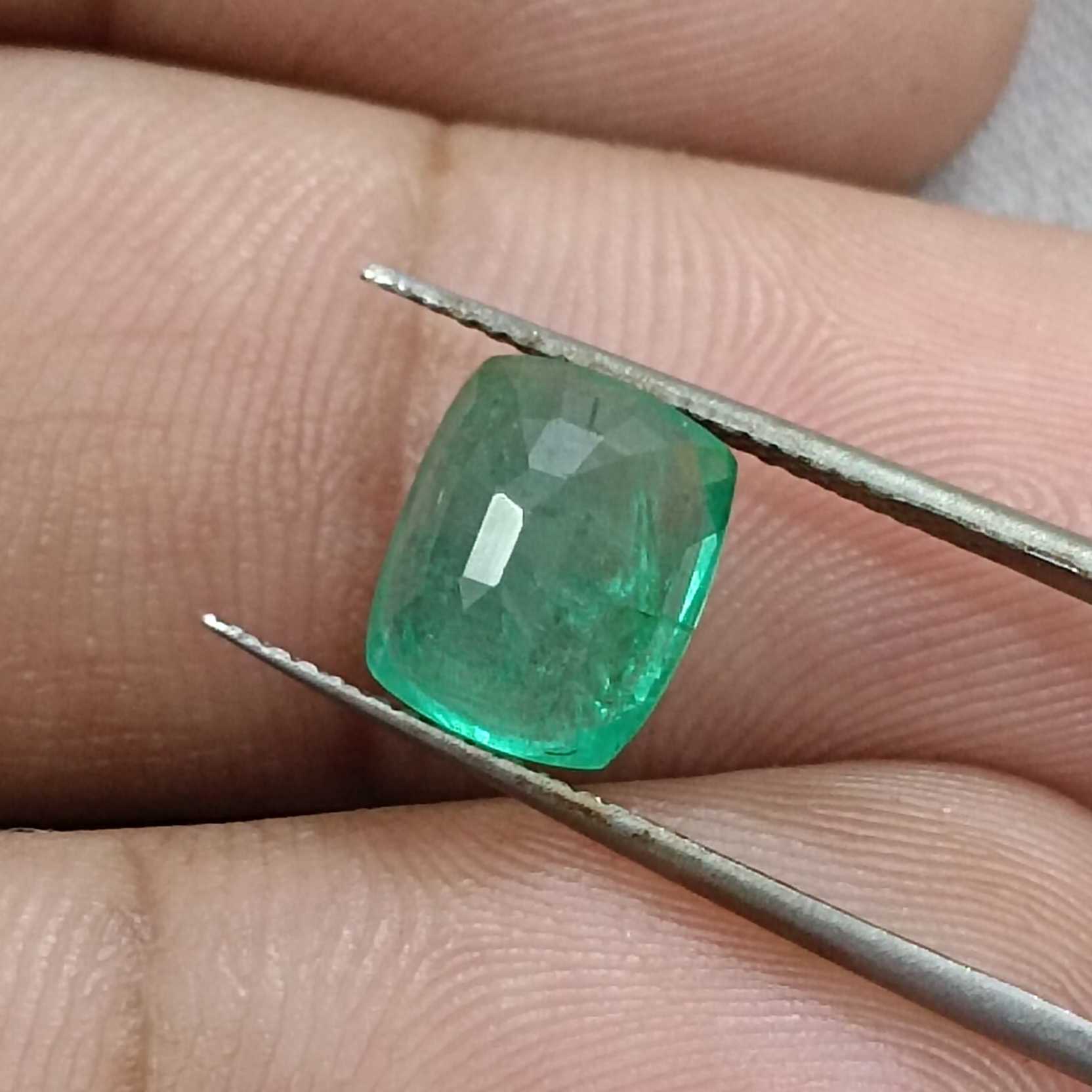 2.84ct medium cloudy green cushion cut emerald