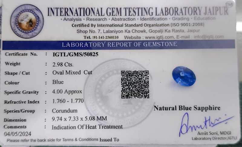 2.98ct IGI certified vivid cornflower blue oval shape sapphire gem H