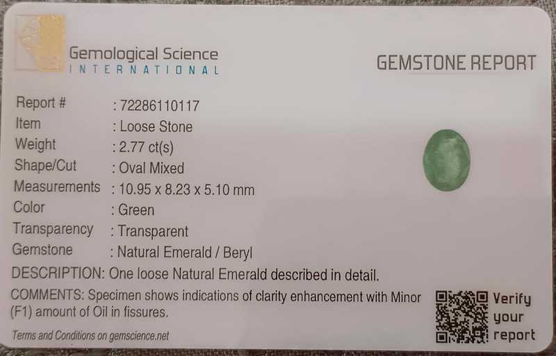 2.77ct GSI certified vivid green oval cut Colombian emerald stone