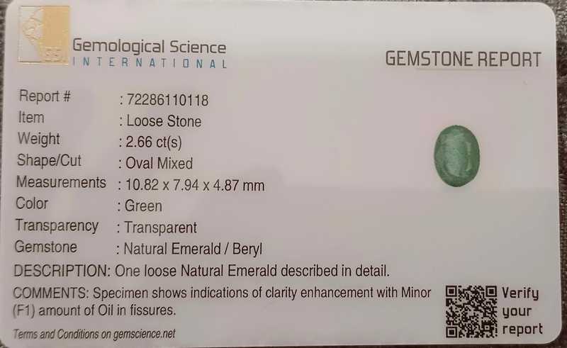 2.66ct GSI certified medium forest green color oval cut emerald stone