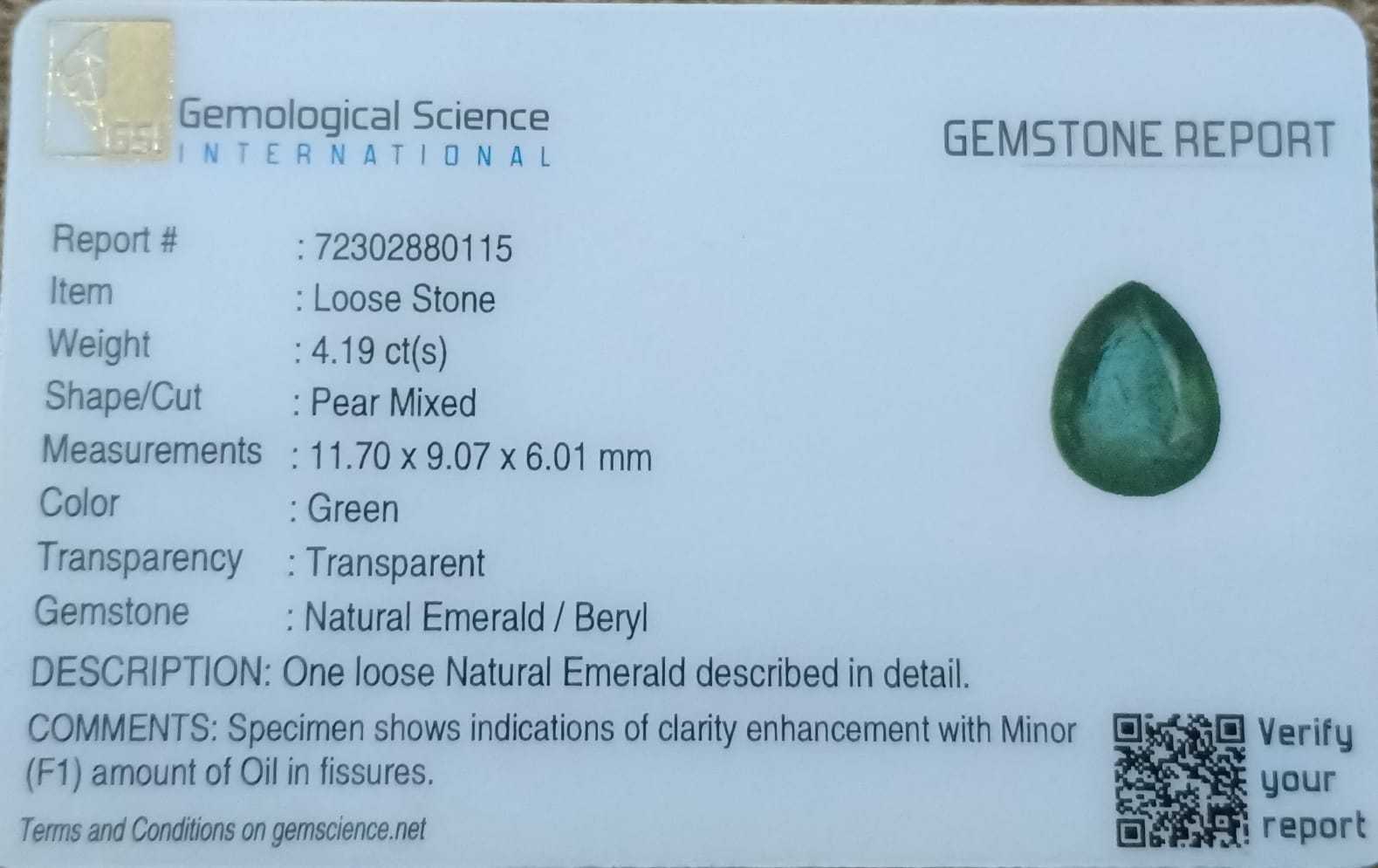 4.19ct GSI certified medium bluish green pear shape emerald 