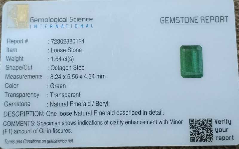 1.64ct GSI certified very deep golden green color octagon Zambian emerald gem