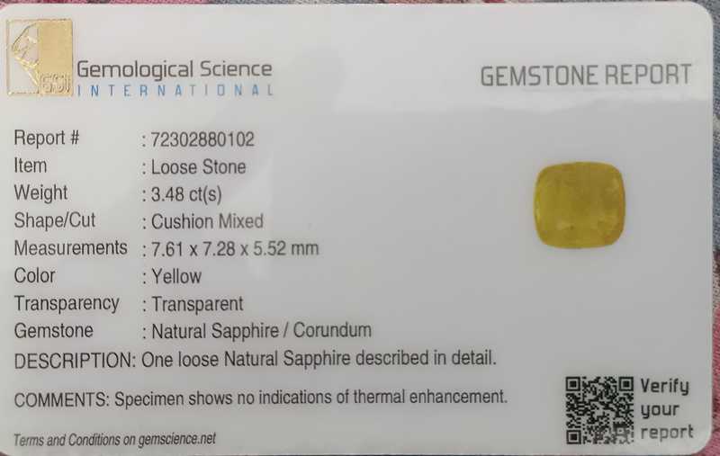 3.48ct GSI certified cushion cut unheated vivid yellow Ceylon sapphire gemstone 