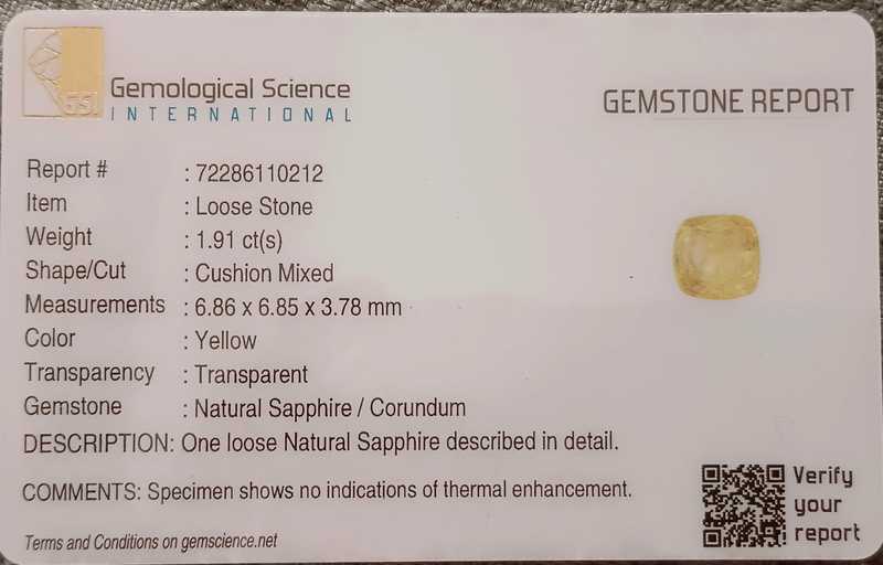 1.91ct GSI certified unheated cushion cut Ceylon intense yellow sapphire gem