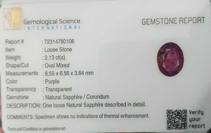 2.13ct GSI certified oval cut unheated deep purple red sapphire gem