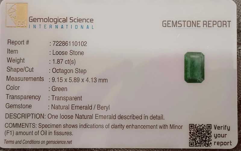 1.87ct GSI certified medium green octagon cut emerald 