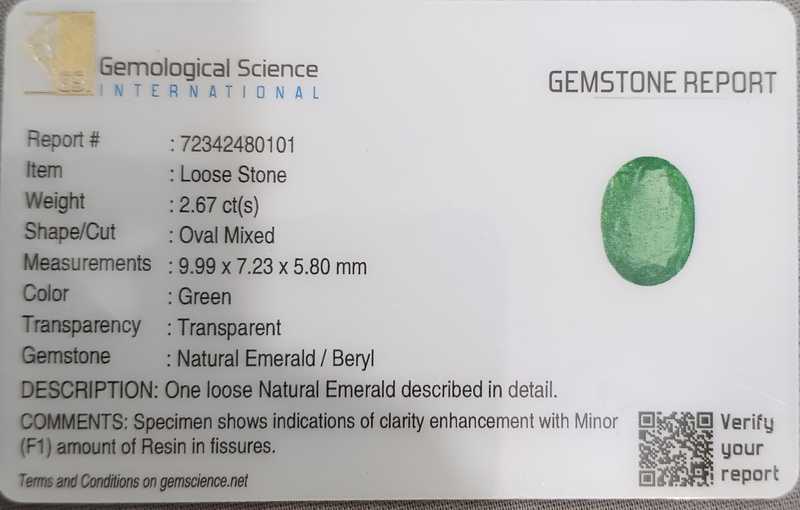 2.67ct GSI certified bright medium green oval cut emerald gemstone 