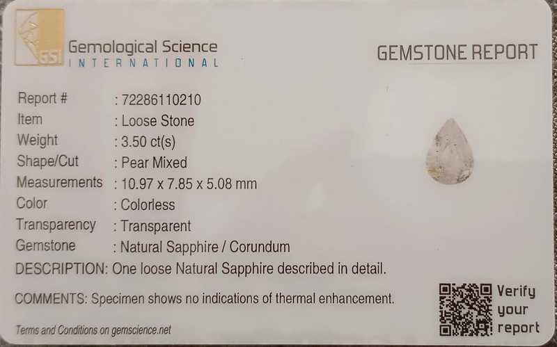 3.50ct GSI certified colourless (white) pear shape Ceylon sapphire gem