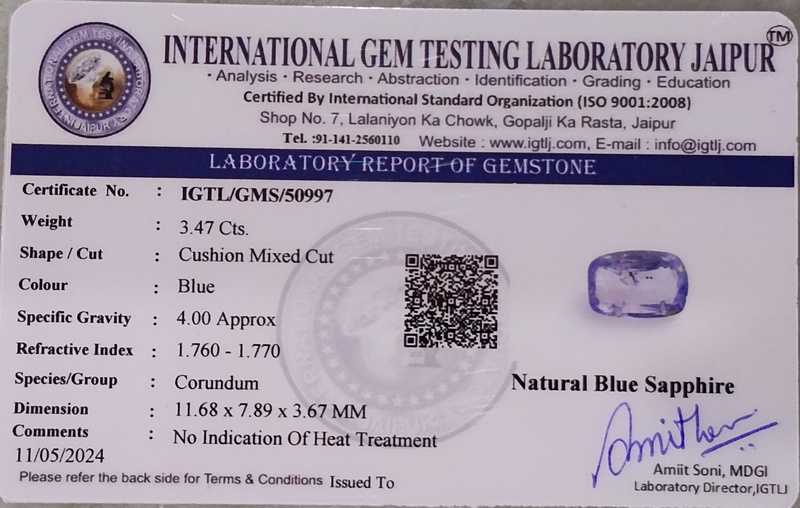 3.47ct certified cushion cut purplish blue Ceylon sapphire gemstone