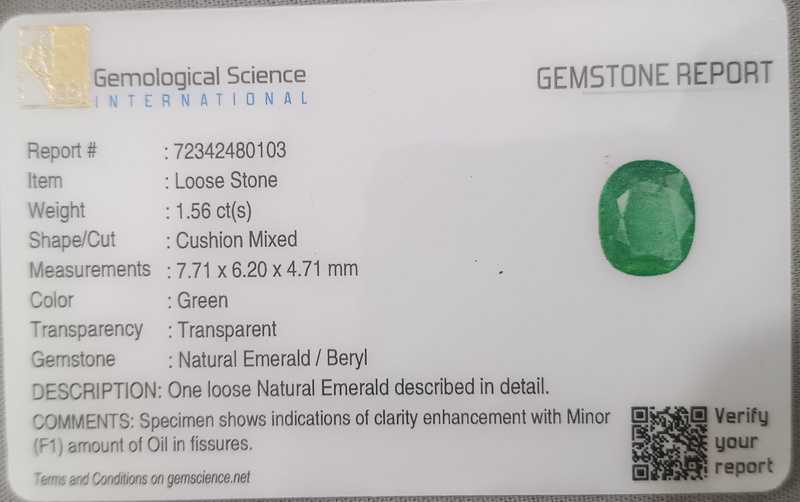 1.56ct GSI certified medium vivid green cushion cut Colombian emerald gemstone 