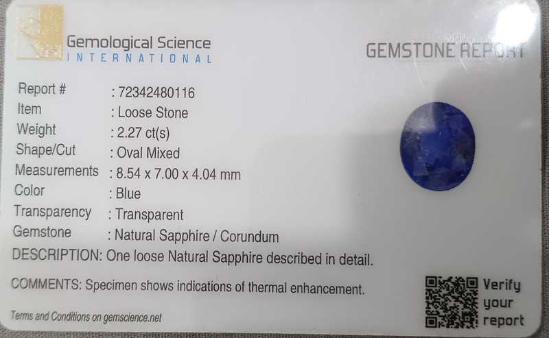 2.27ct GSI certified Ceylon oval cut deep blue sapphire H