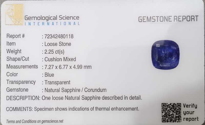 2.25ct GSI certified cushion cut Ceylon royal blue sapphire gem H