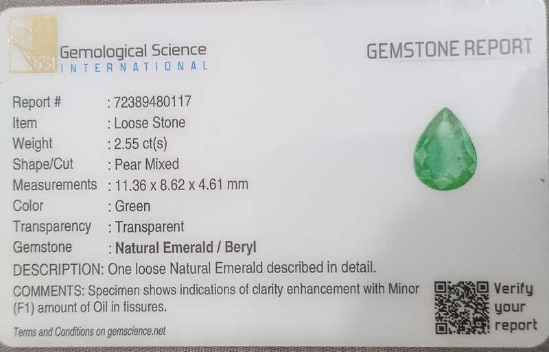 2.55ct GSI certified bright medium kelly green pear shape emerald gemstone 