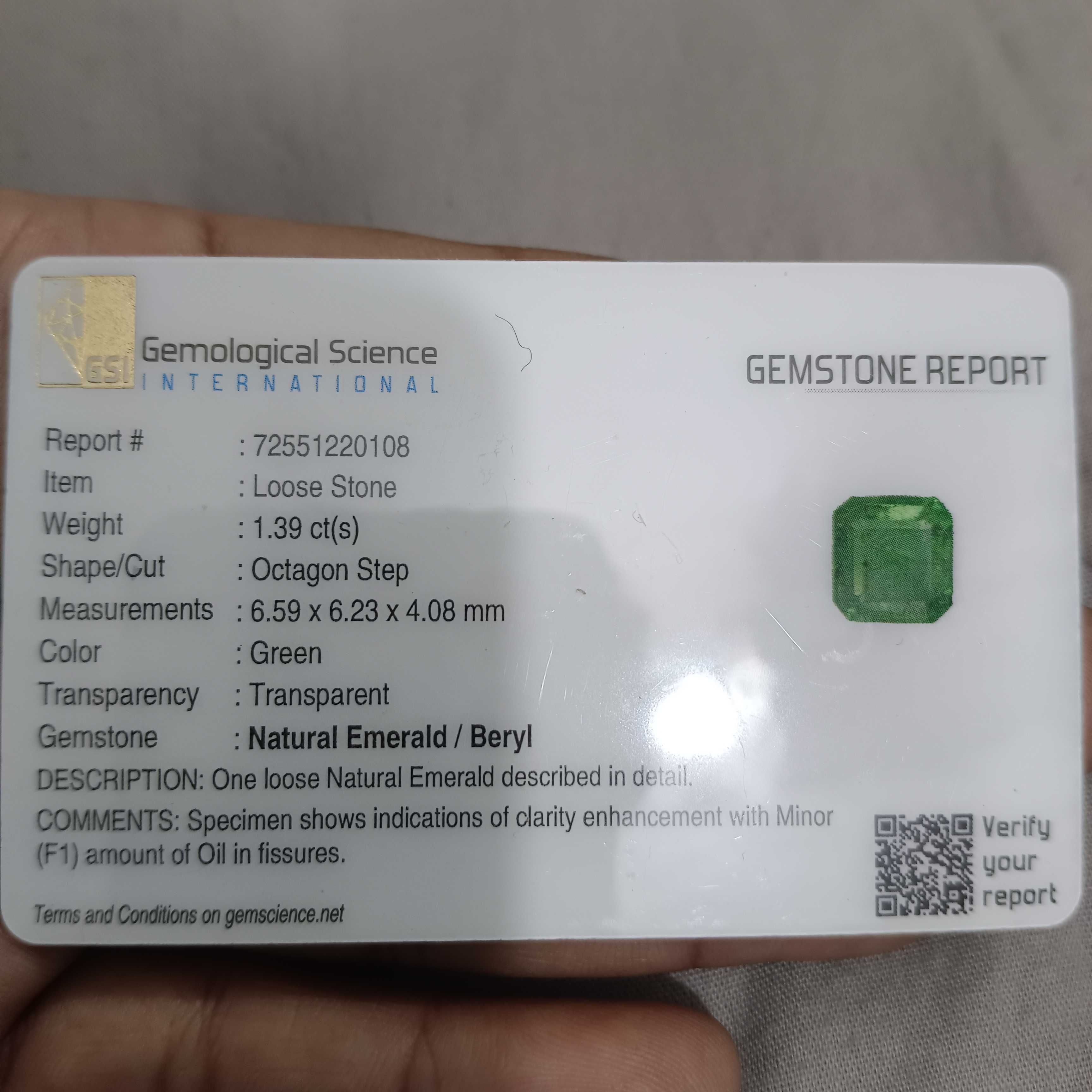 1.39ct GSI certified bright golden green color square shape Zambian emerald stone