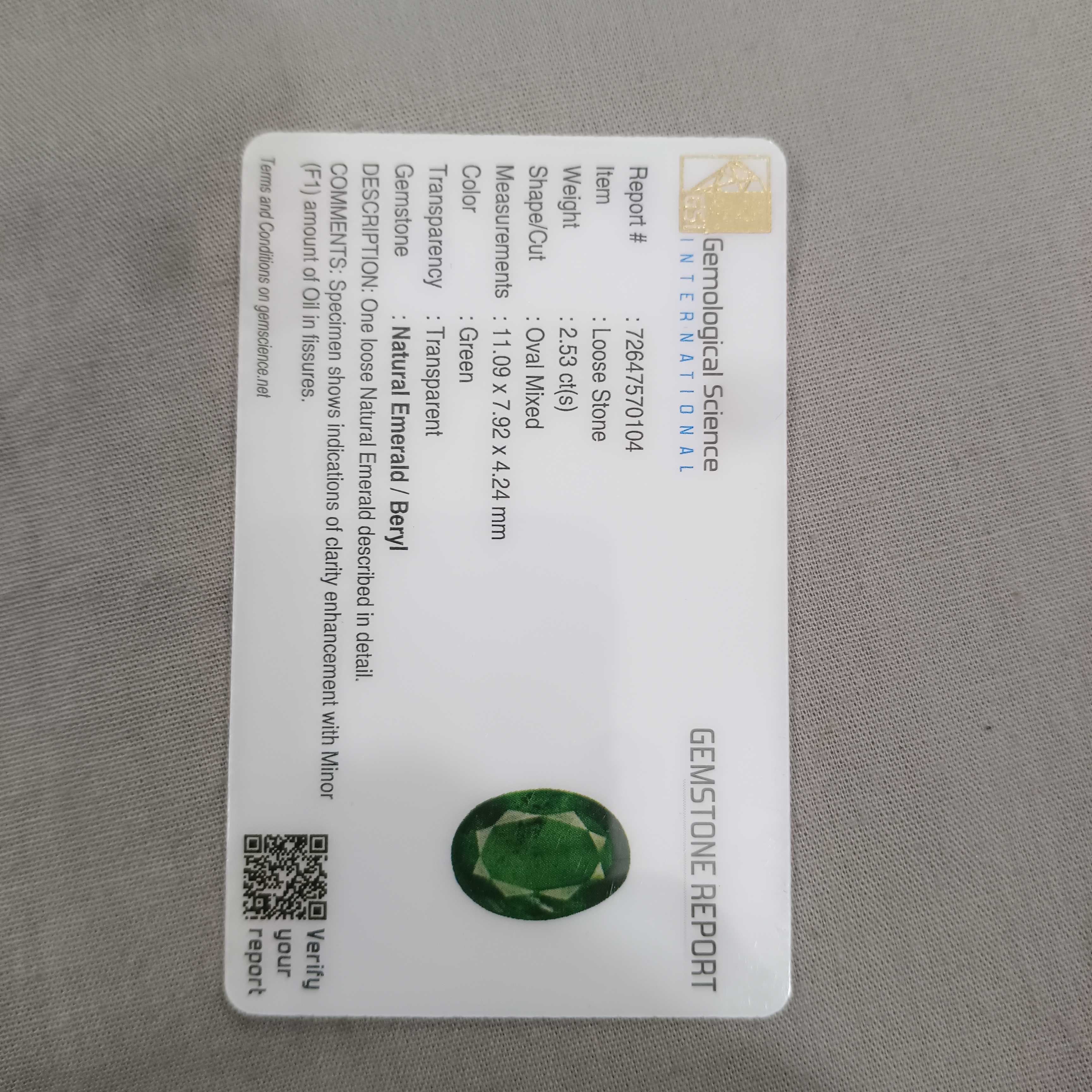 2.53ct GSI medium deep green oval mix cut emerald 