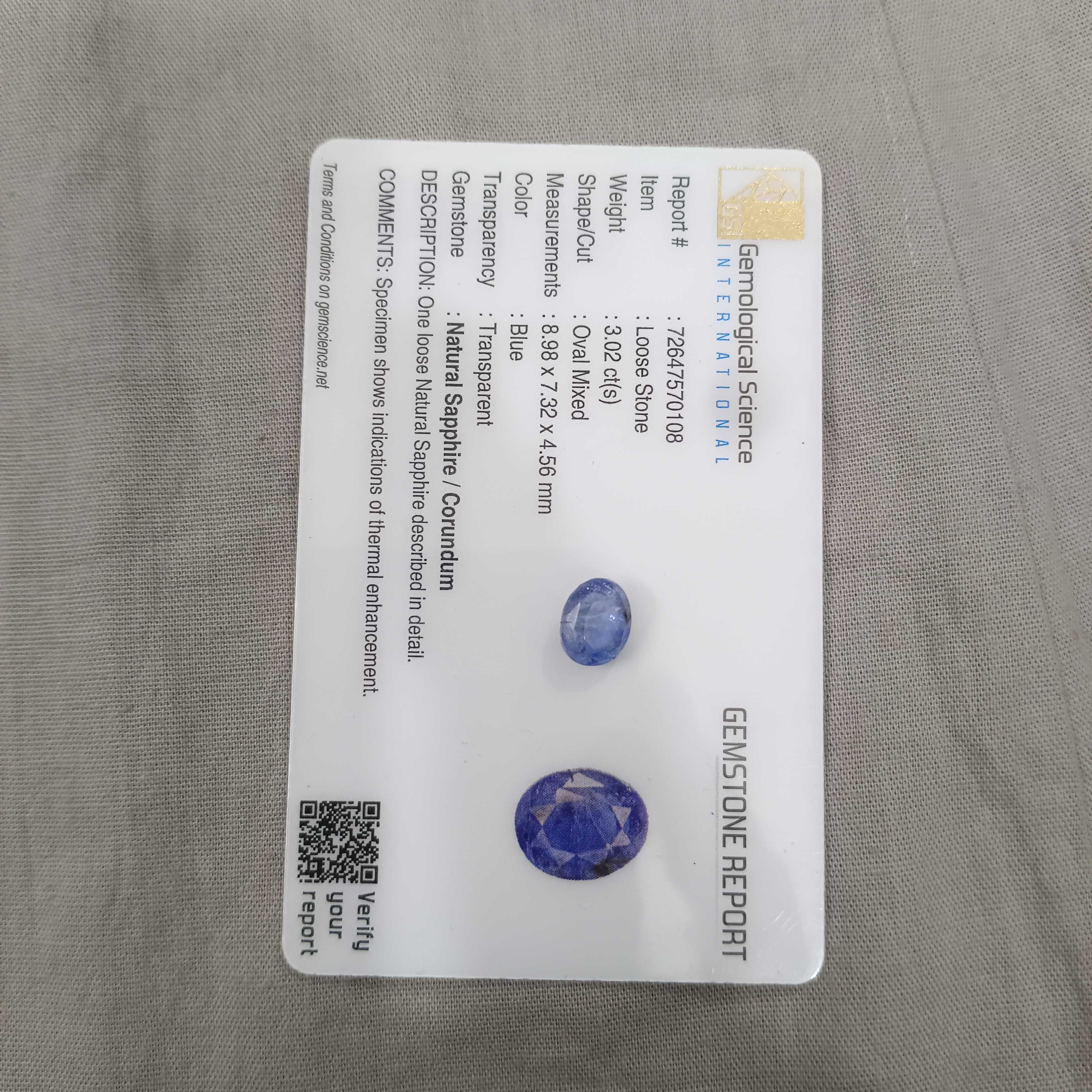 3.02ct GSI certified oval cut medium deep blue sapphire gemstone H