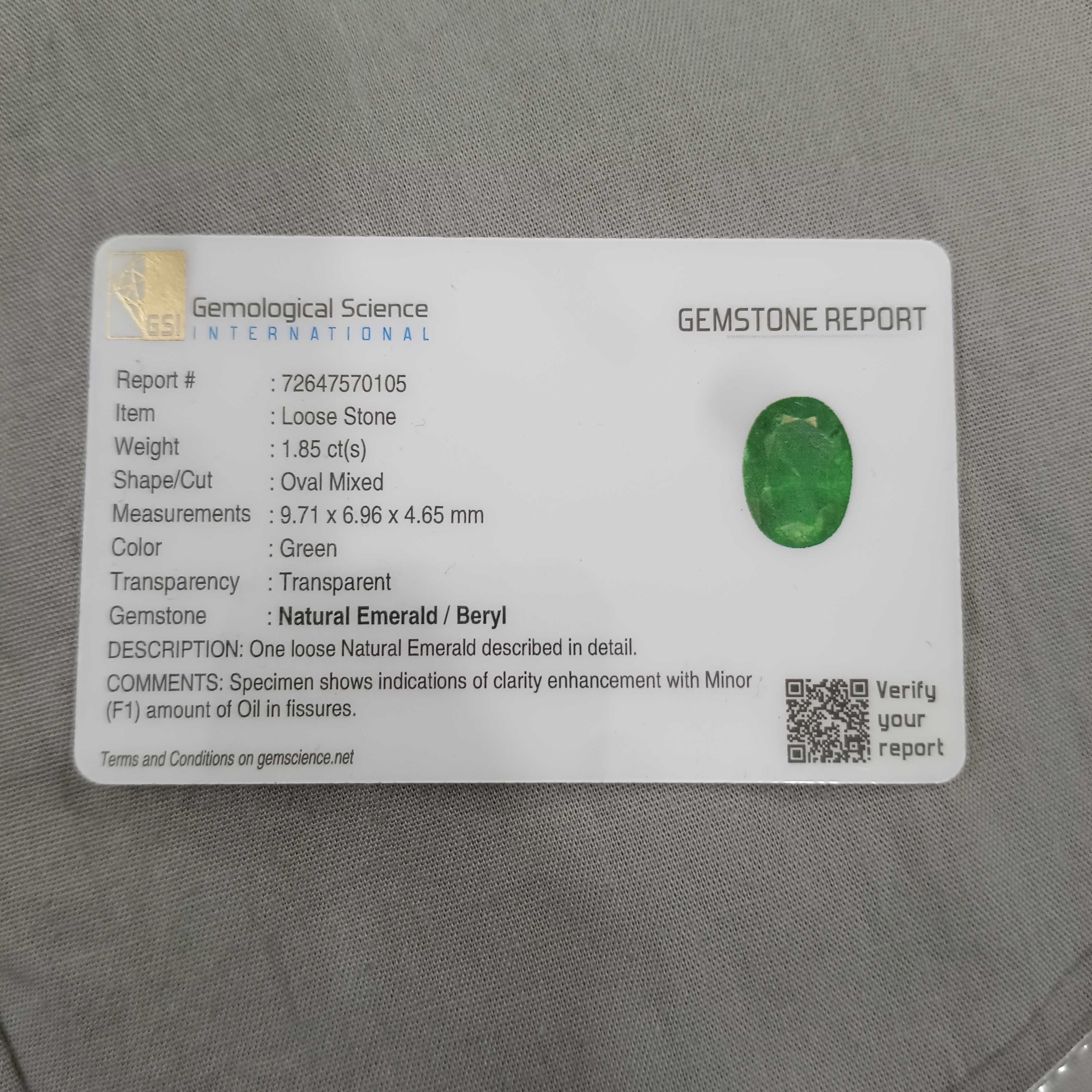 1.85cts certified medium vivid green oval cut Swat emerald gem