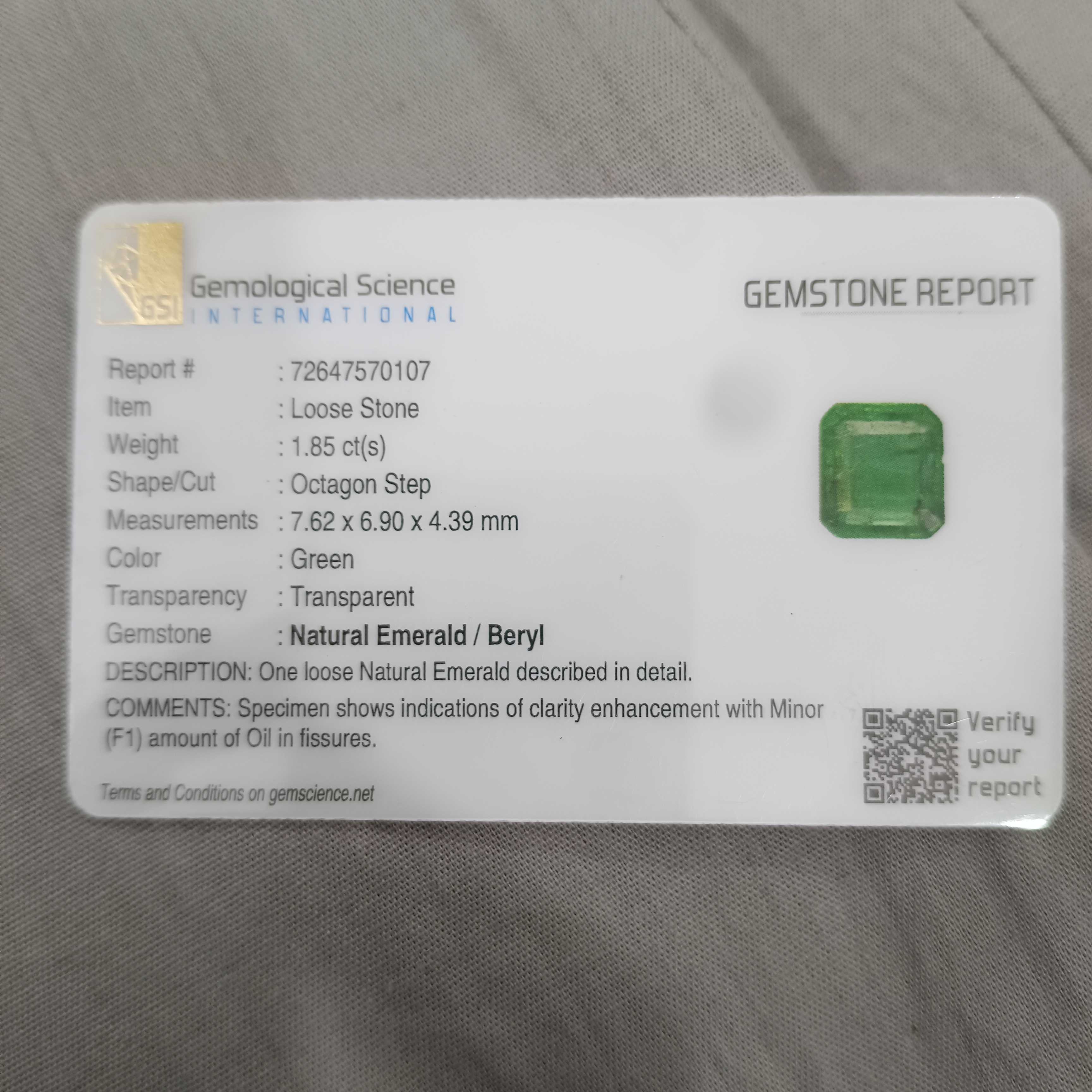 1.85ct GSI certified medium deep golden green octagon cut Swat emerald gem