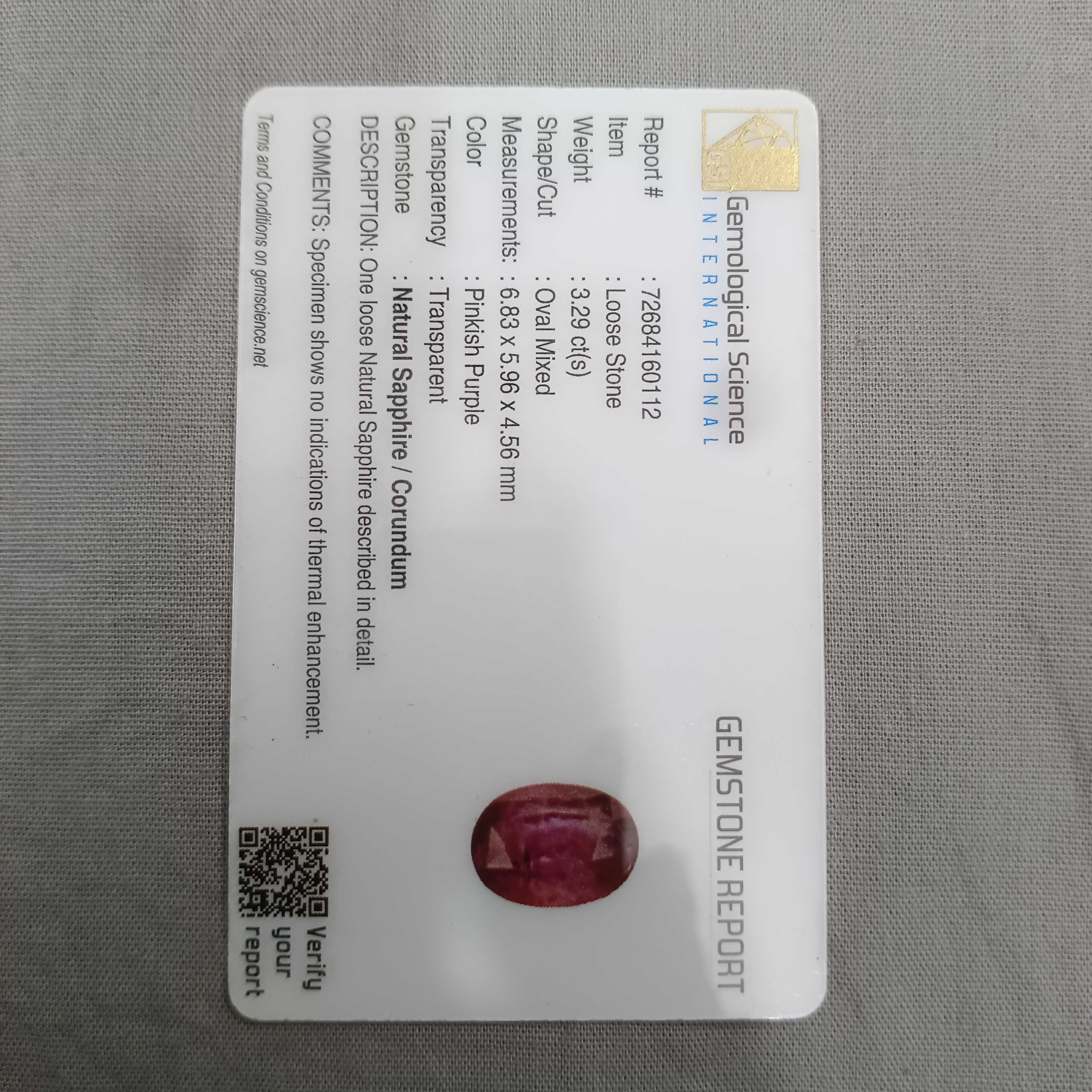 3.29cts GSI certified unheated oval shape pink purple sapphire 