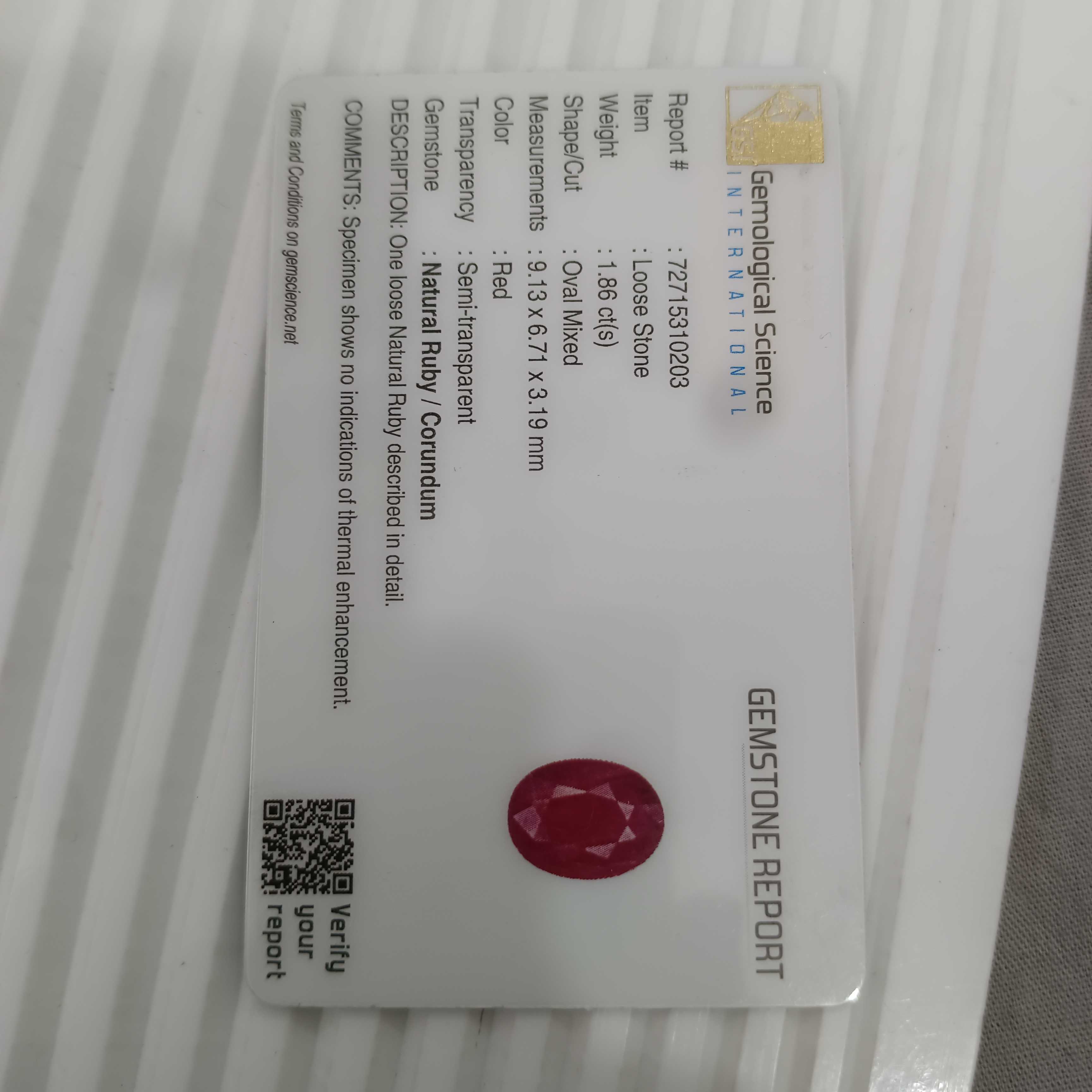 1.86cts certified purplishbred oval cut unheated ruby 