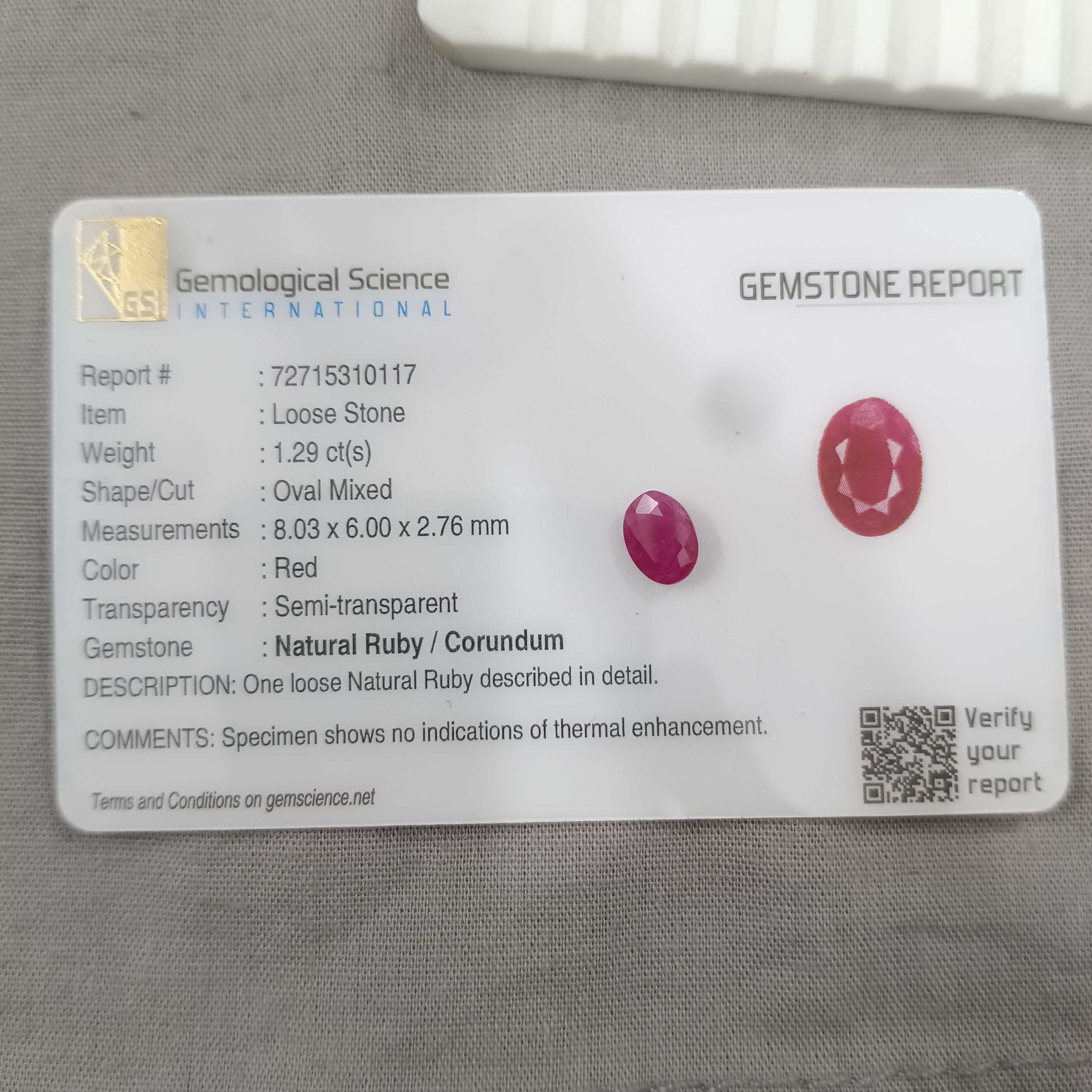 1.29ct certified purplish red untreated oval mix African ruby 