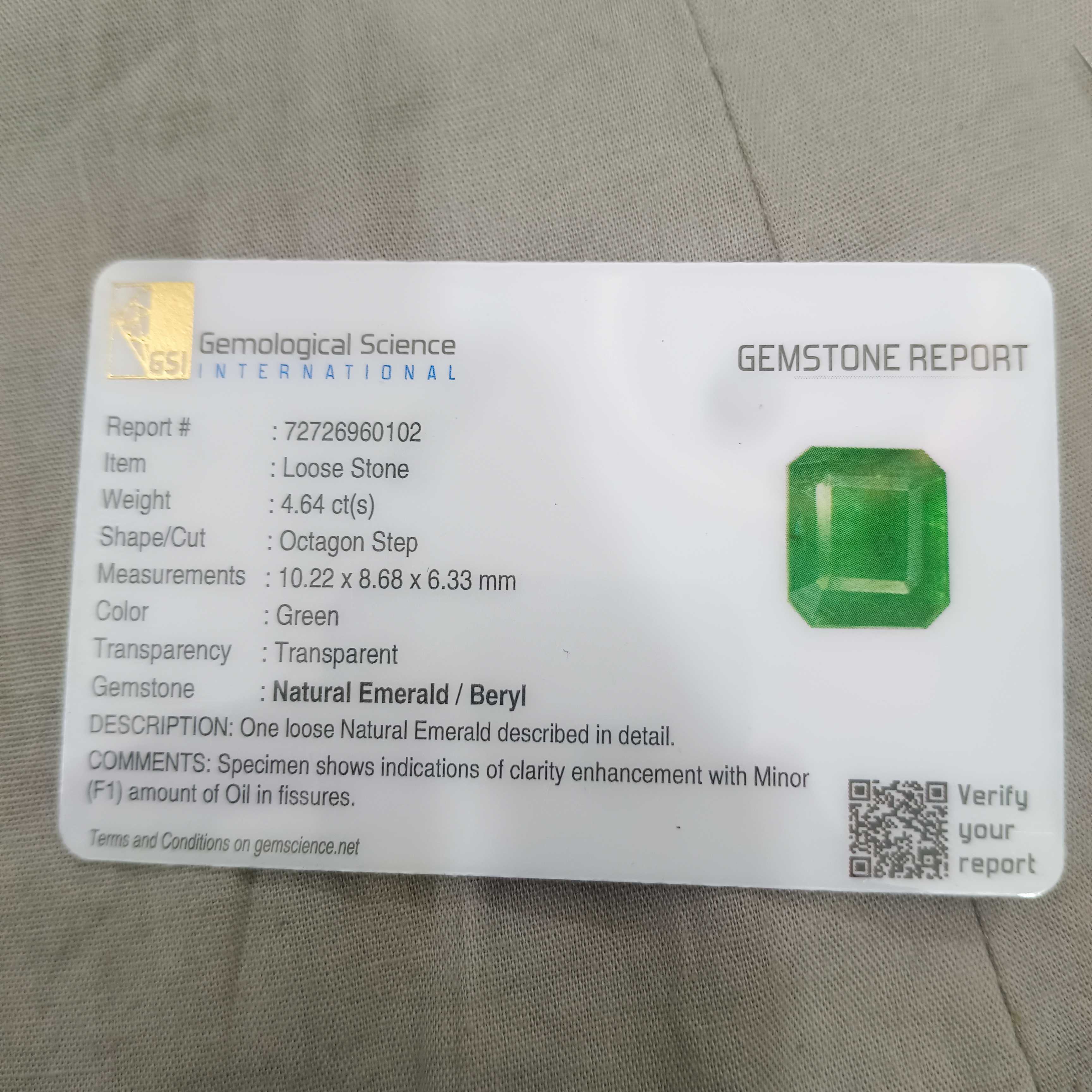 4.64cts certified pure medium green octagon cut emerald gem