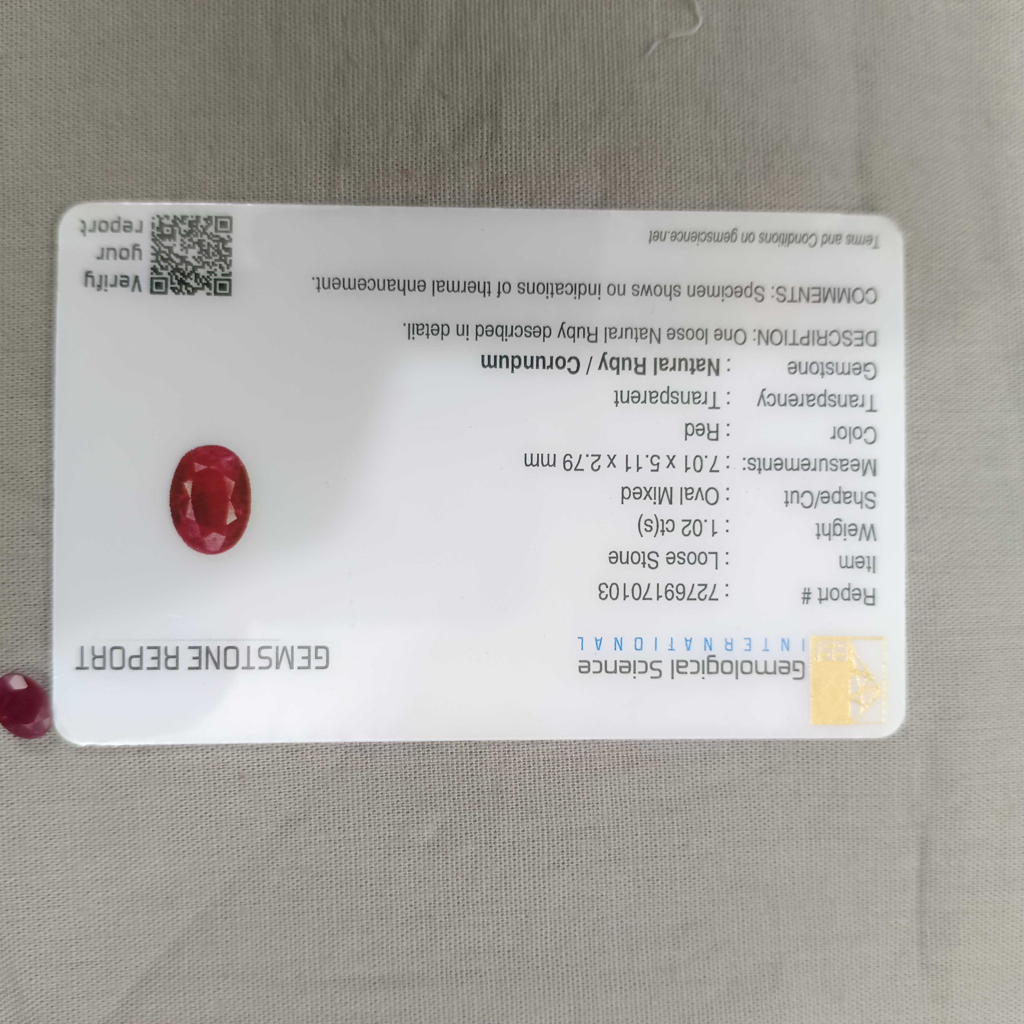 1.02ct GSI certified natural burgundy red oval mixed unheated Mozambique ruby gem