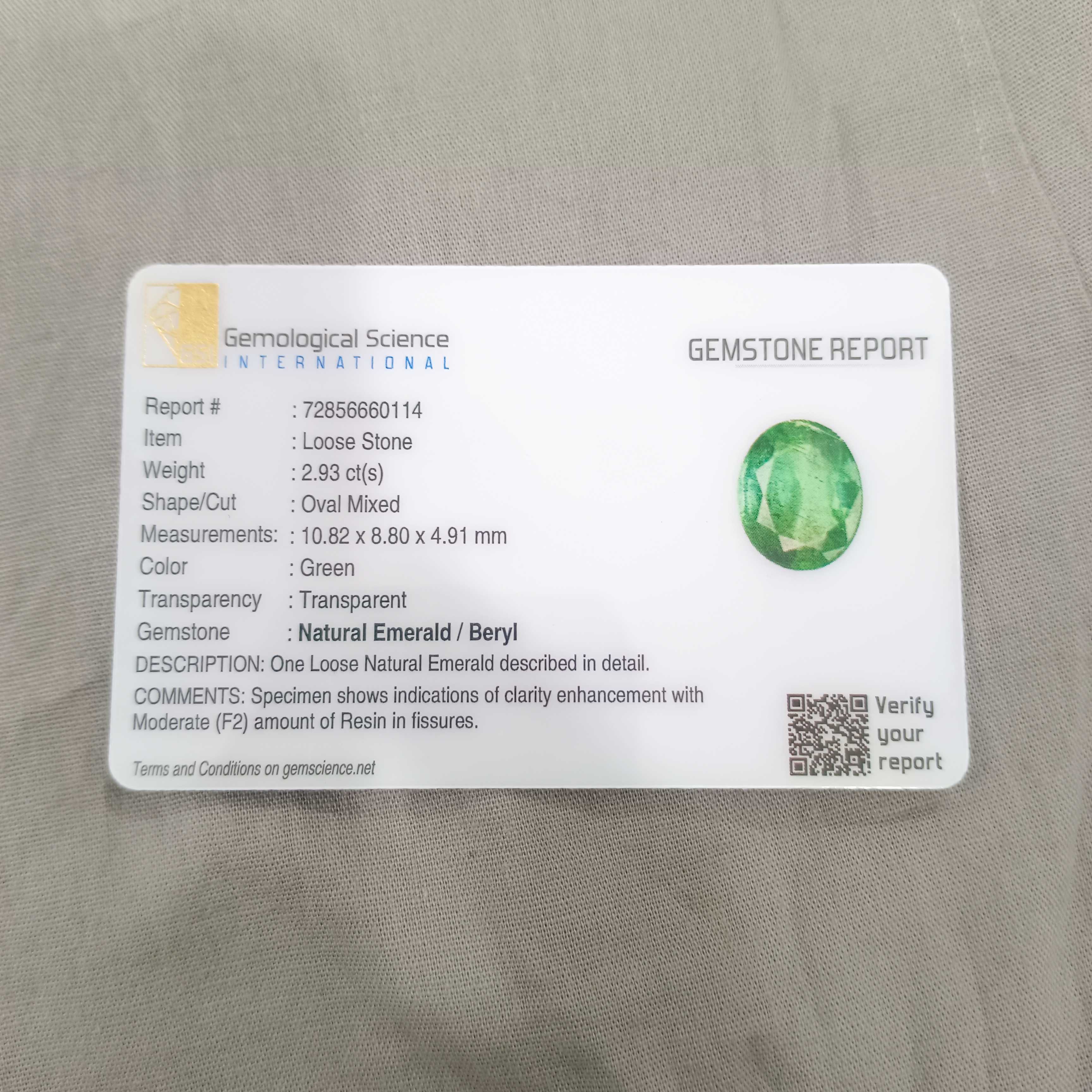 2.93cts certified bluish medium green oval cut emerald 