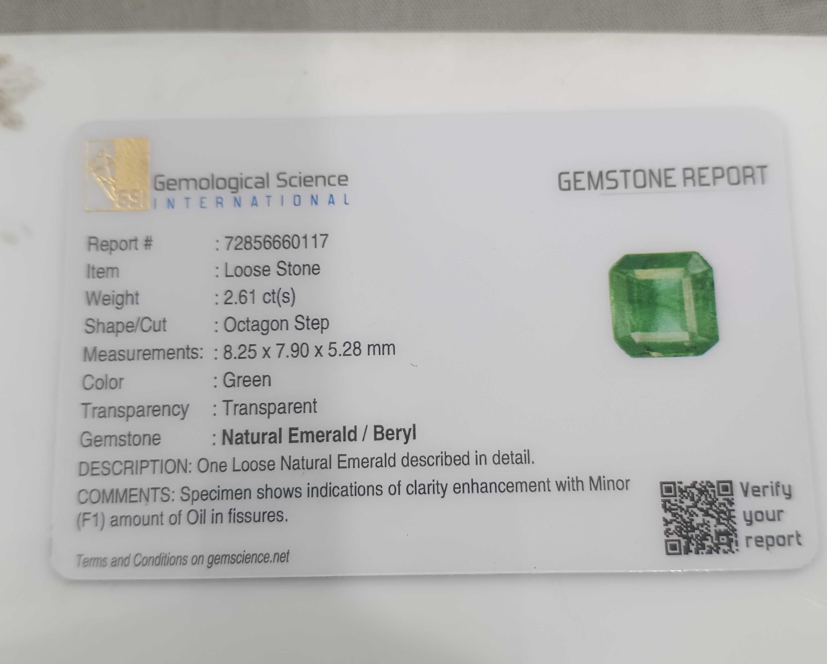 2.61cts certified natural medium deep green octagon step cut emerald stone