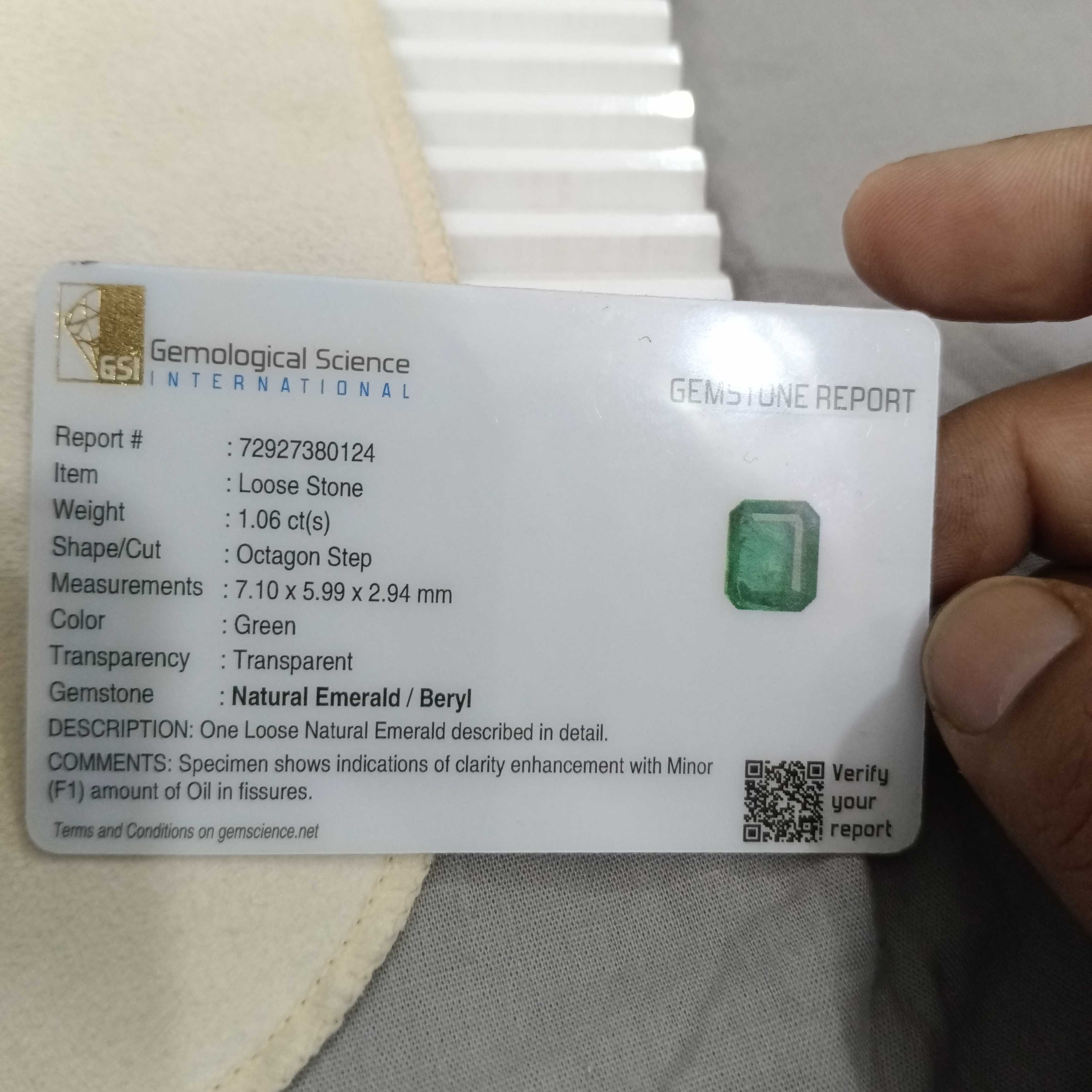 1.06cts GSI certified bright medium deep golden green octagon cut emerald gemstone 