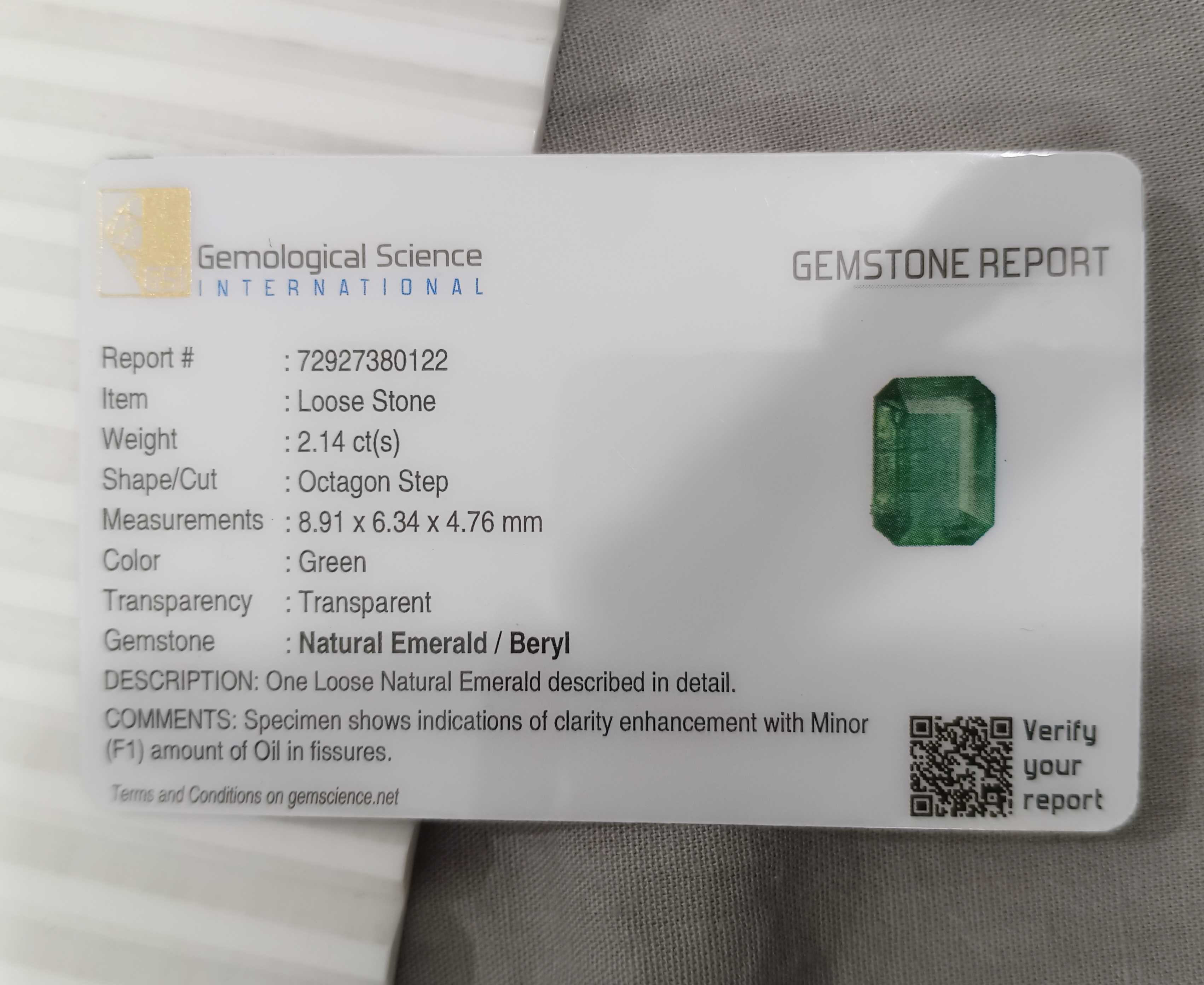 2.14cts GSI certified deep golden green octagon cut emerald gemstone 