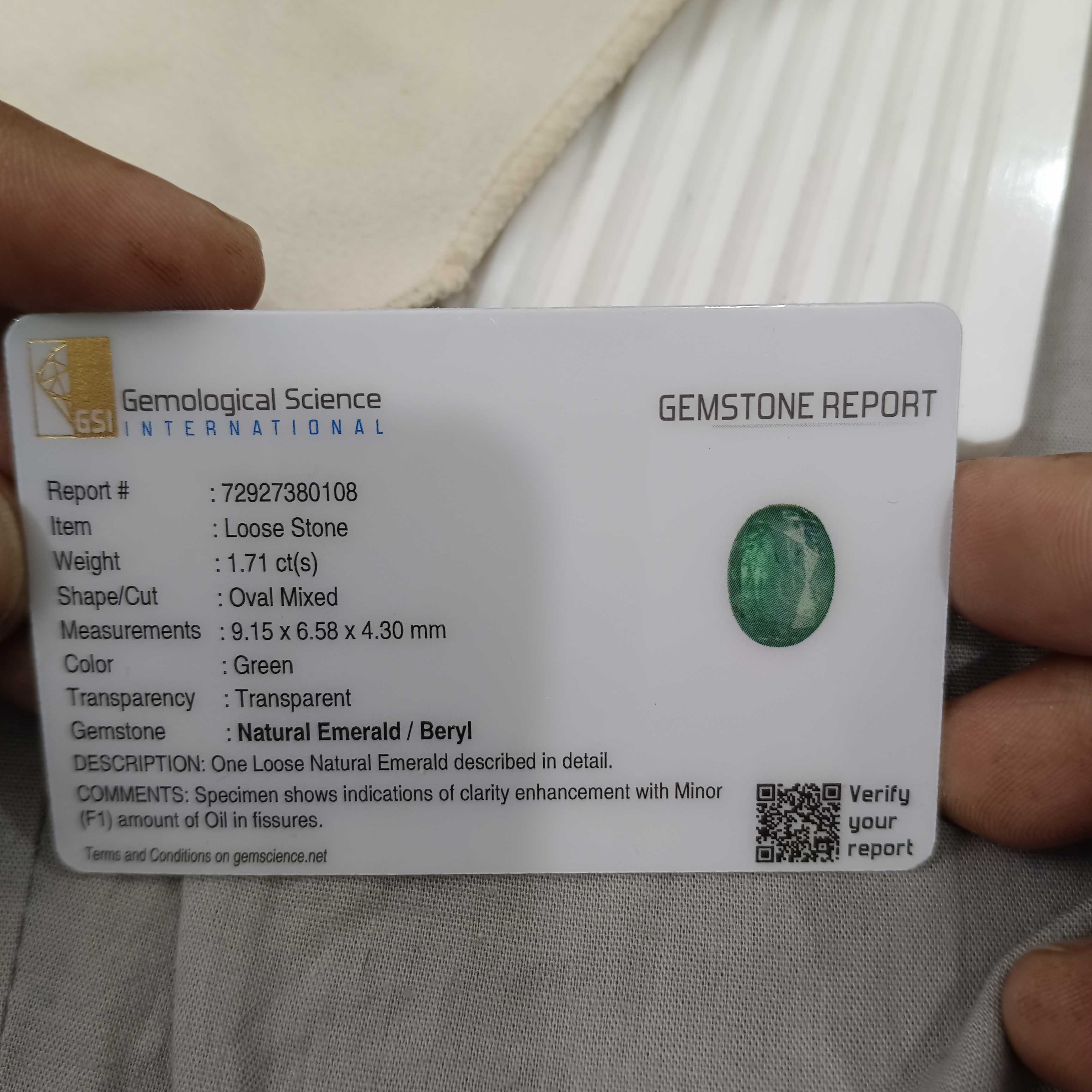 1.71cts GSI medium deep green oval shaped Zambian emerald gem