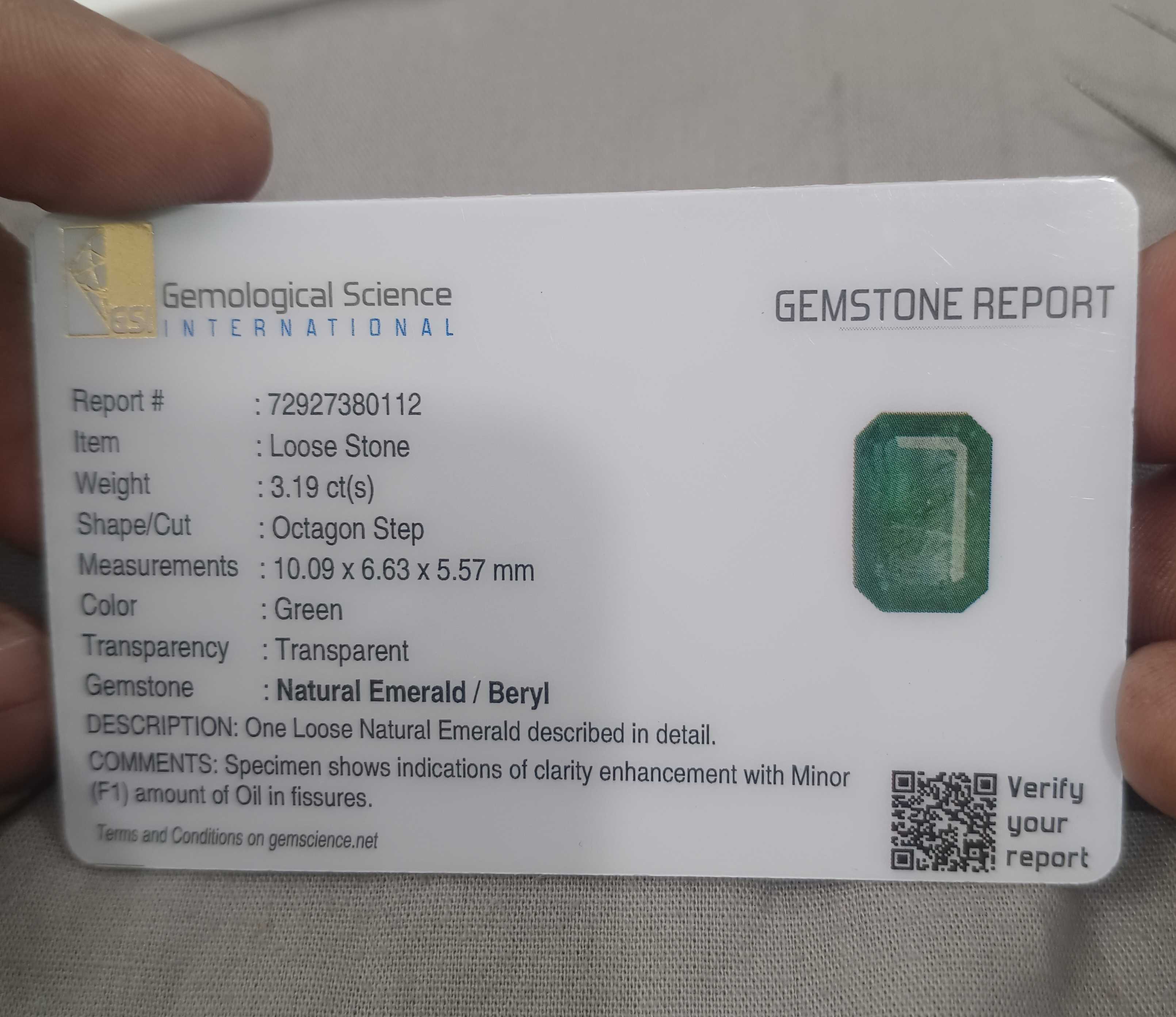 3.19ct GSI certy forest green colour octagon cut emerald gem