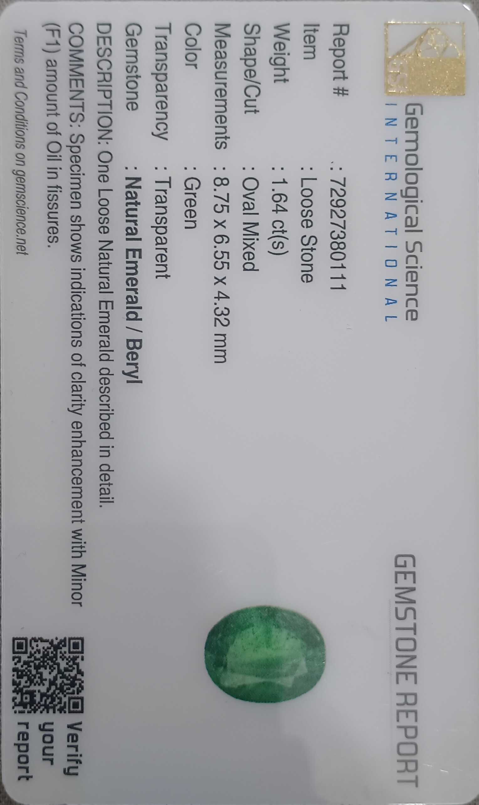 1.64cts GSI certified neon green color oval cut Panjshir origin emerald 