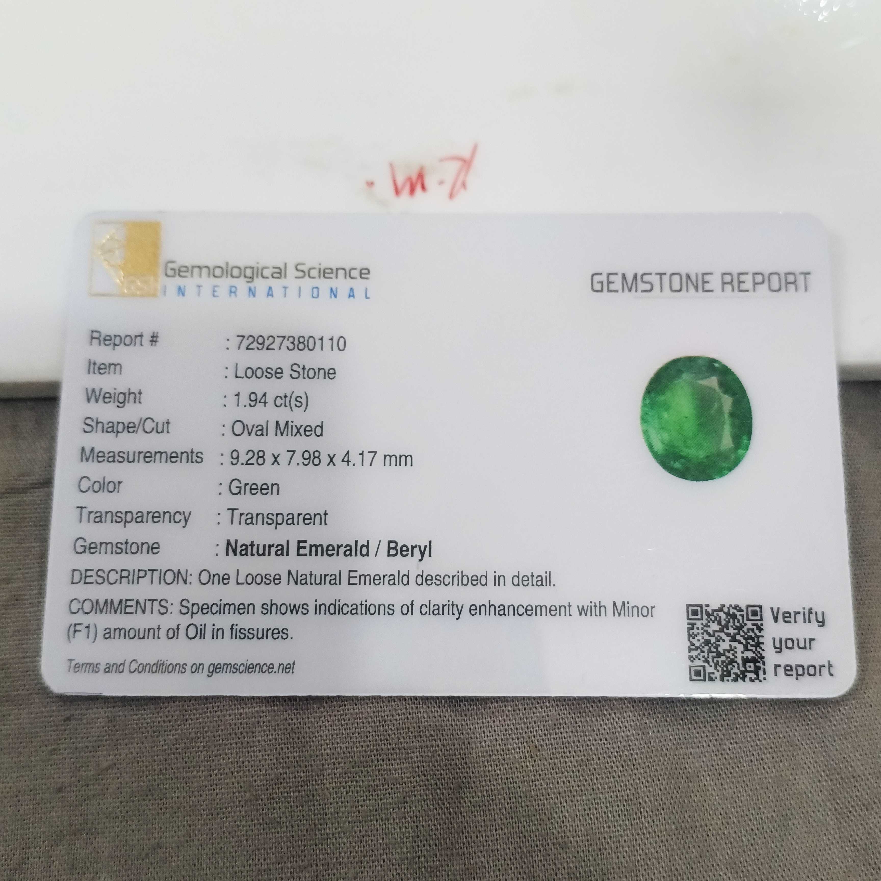 1.94cts GSI certified water green oval cut Panjshir emerald gemstone 