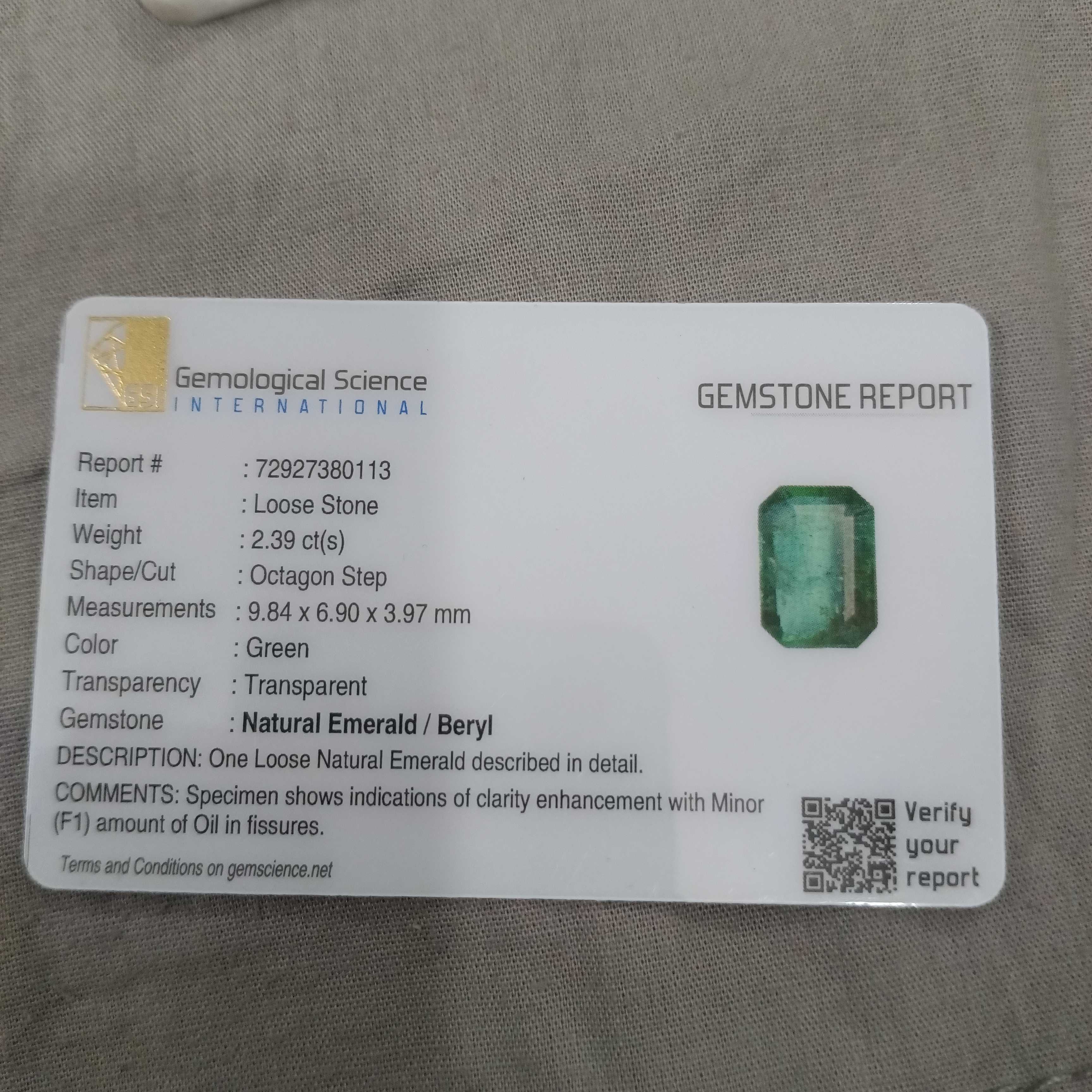 2.39cts GSI certified medium metal green octagon cut emerald stone 