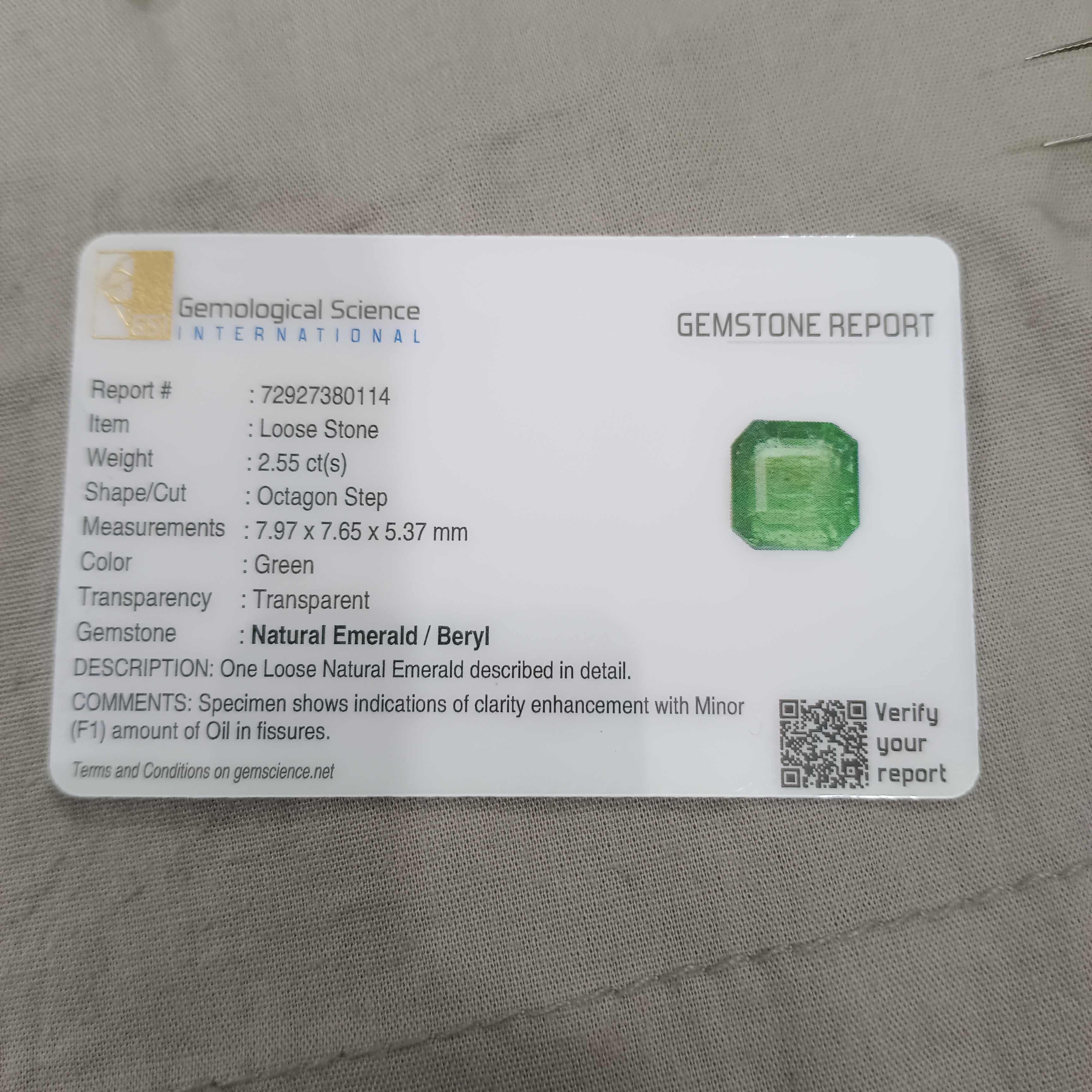 2.55cts GSI certified natural spring green color octagon cut Swat emerald 