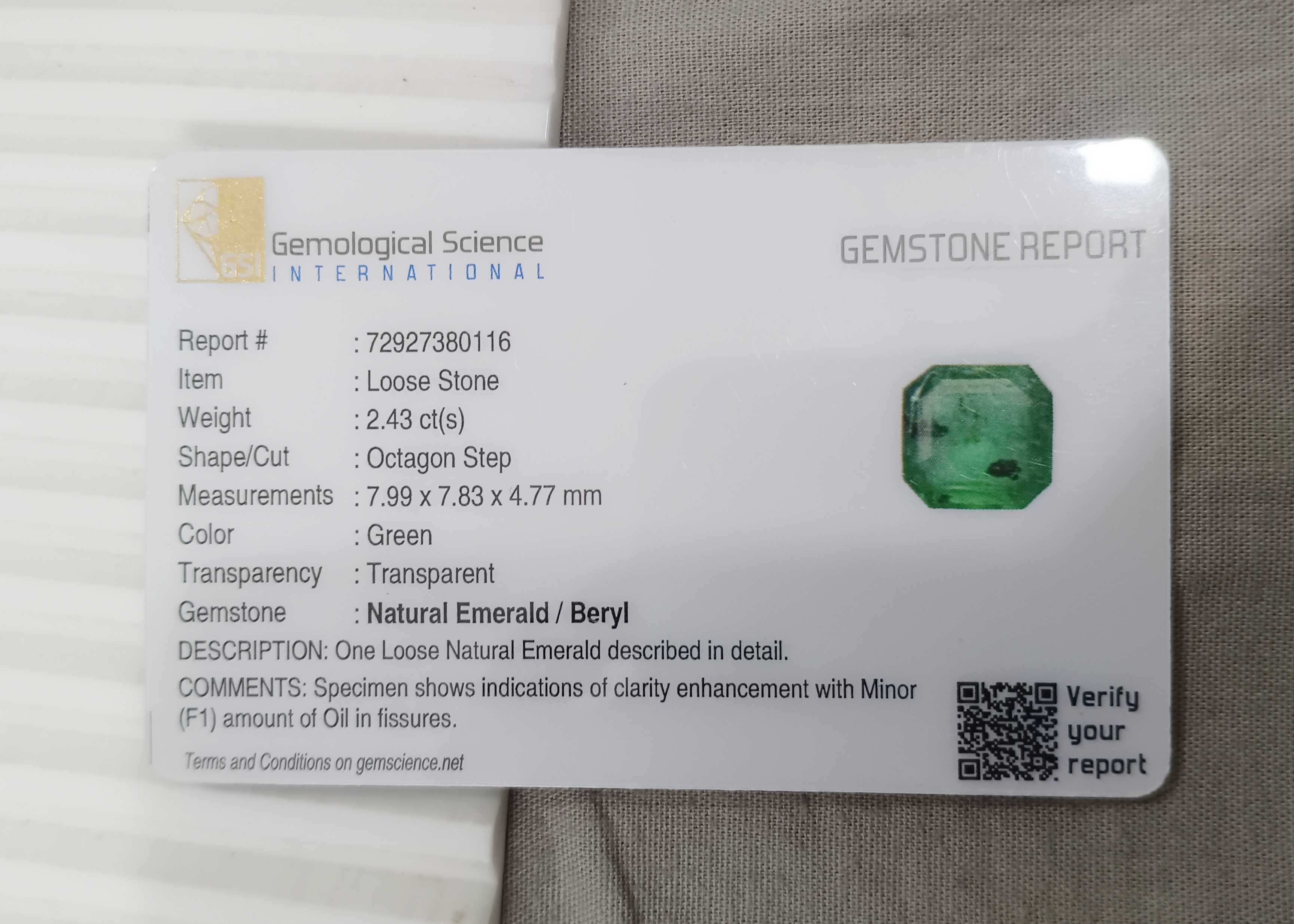 2.43cts certified grass green color octagon cut emerald 