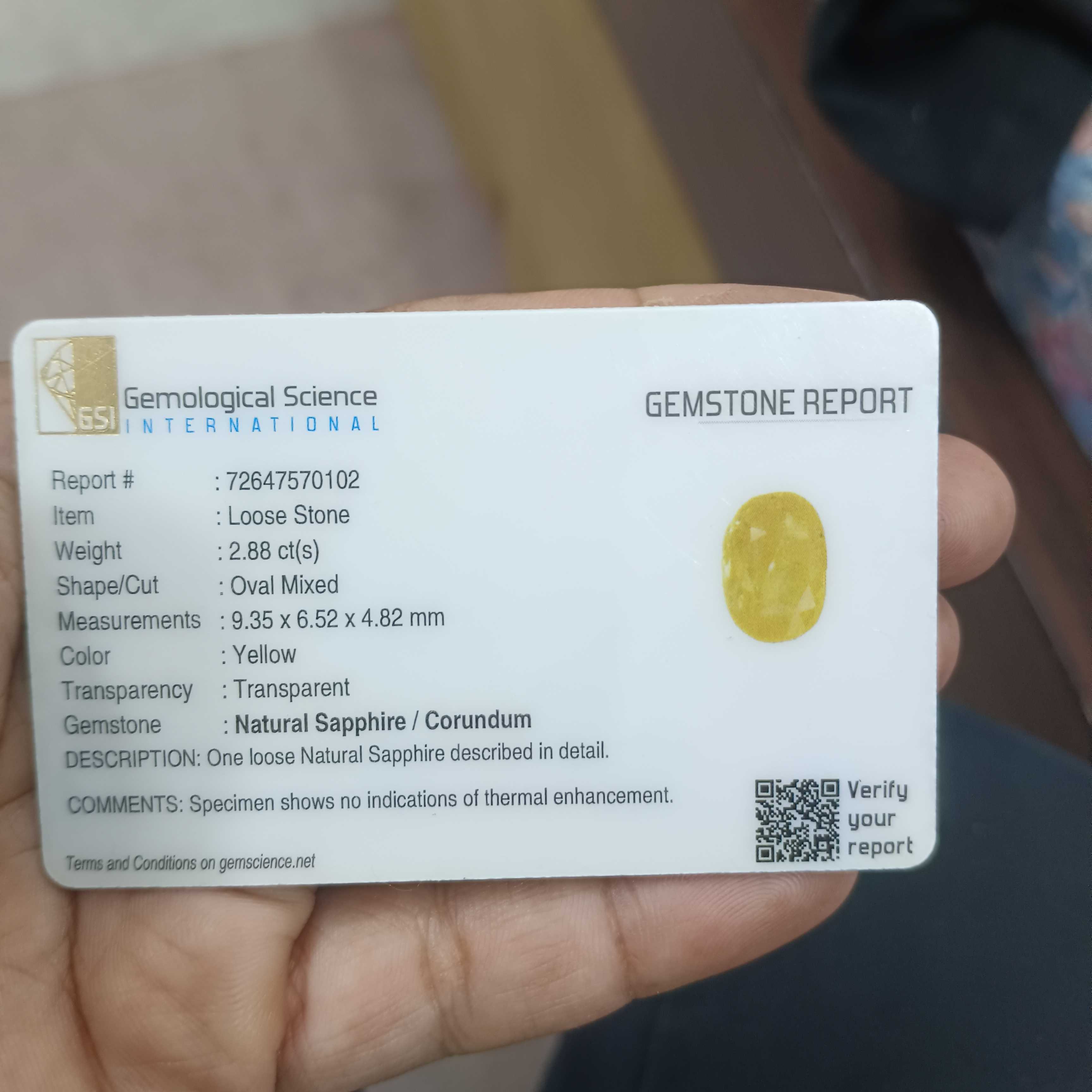 2.88cts GSI certified oval cut unheated Ceylon bright yellow sapphire 