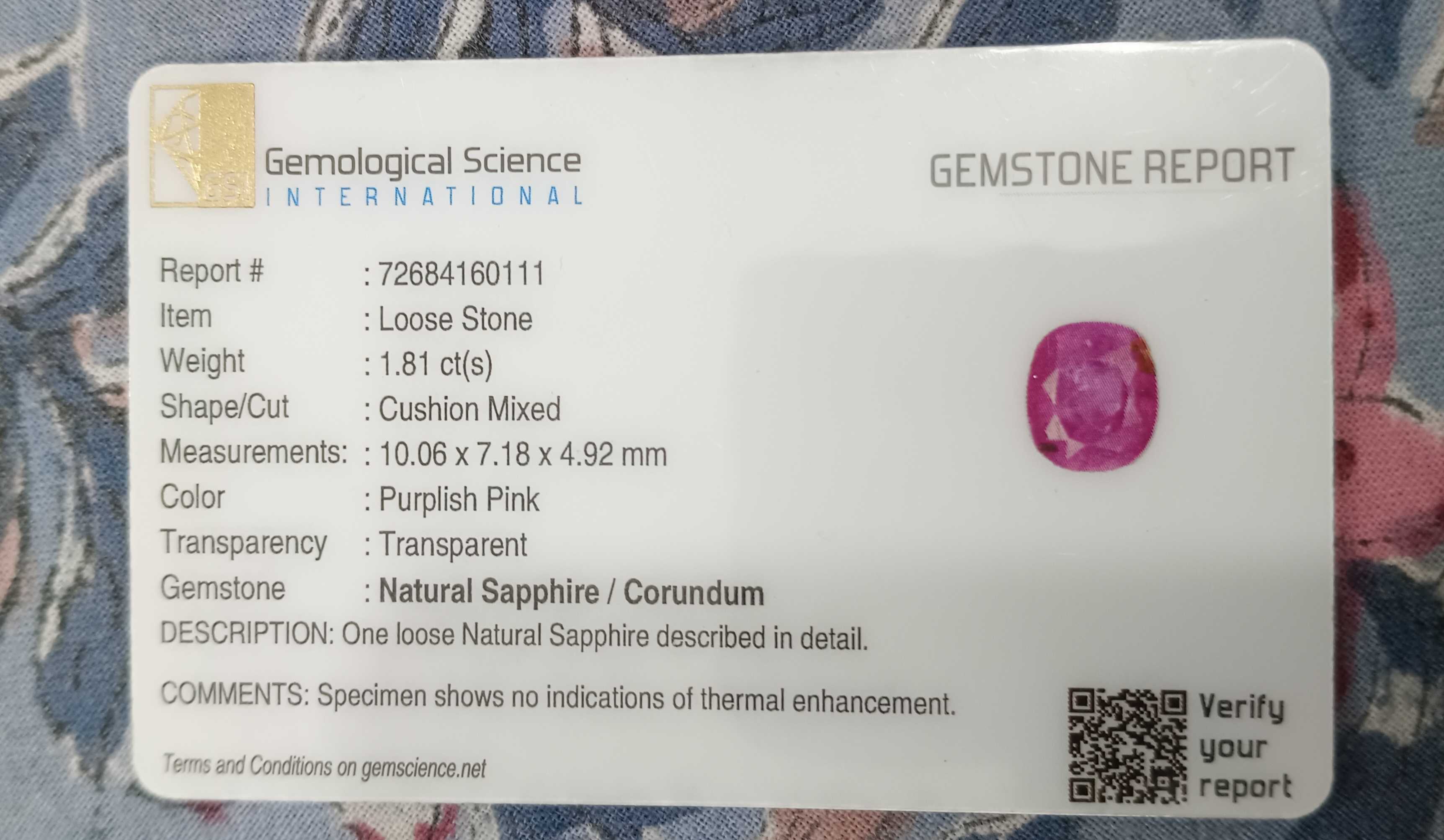 1.81cts GSI certified deep pink cushion mixed unheated Ceylon sapphire stone