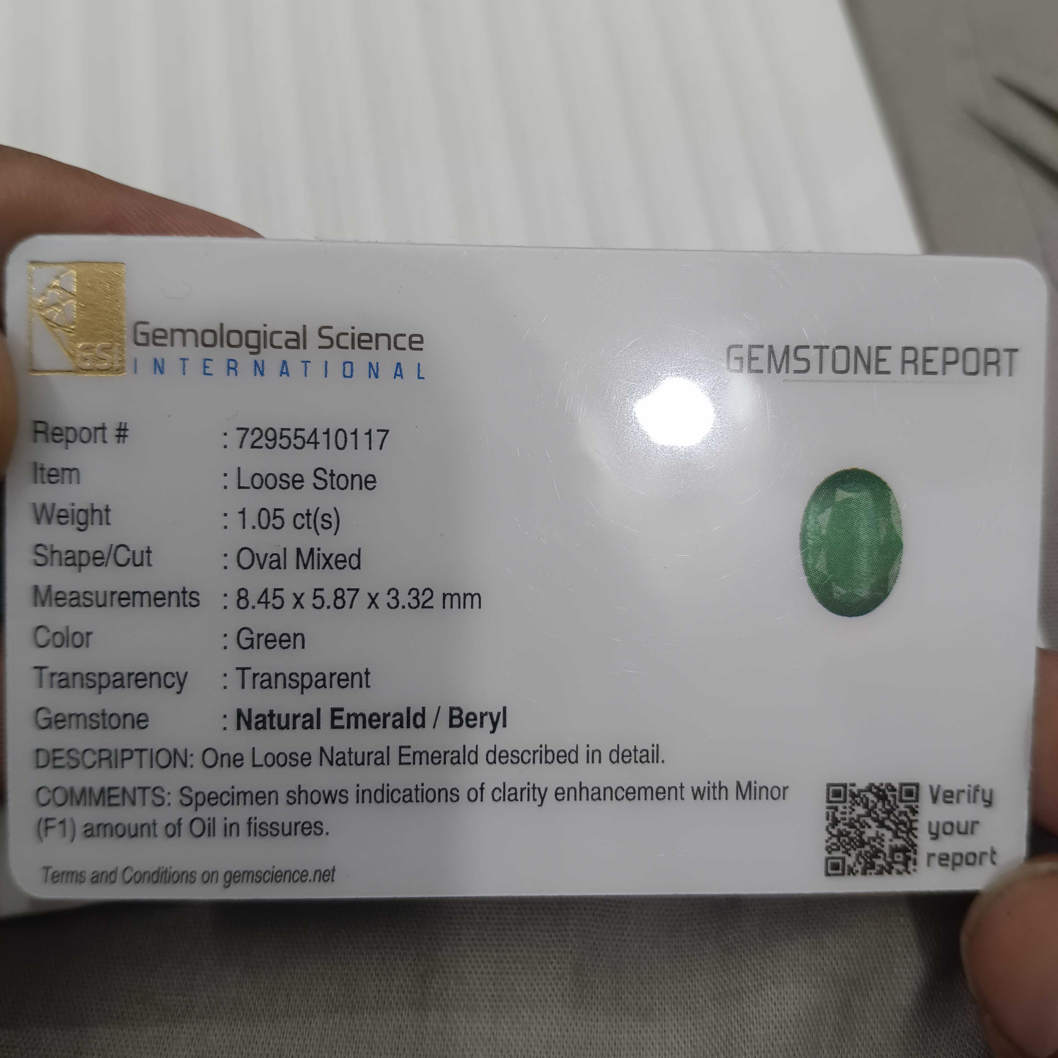 1.05cts GSI certified deep golden green oval cut Zambian emerald 
