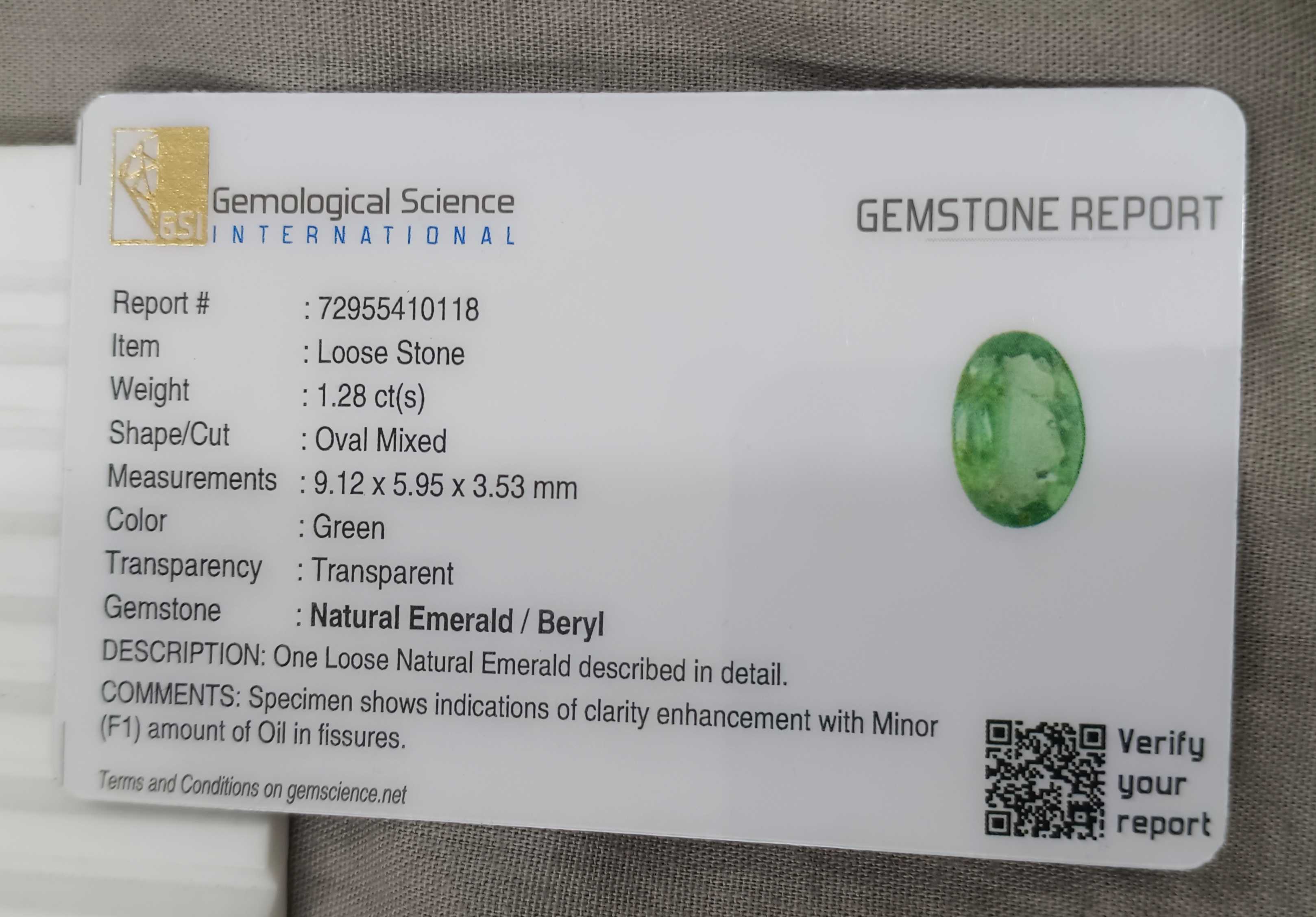 1.28cts certified sea foam green oval cut Zambian emerald gemstone 