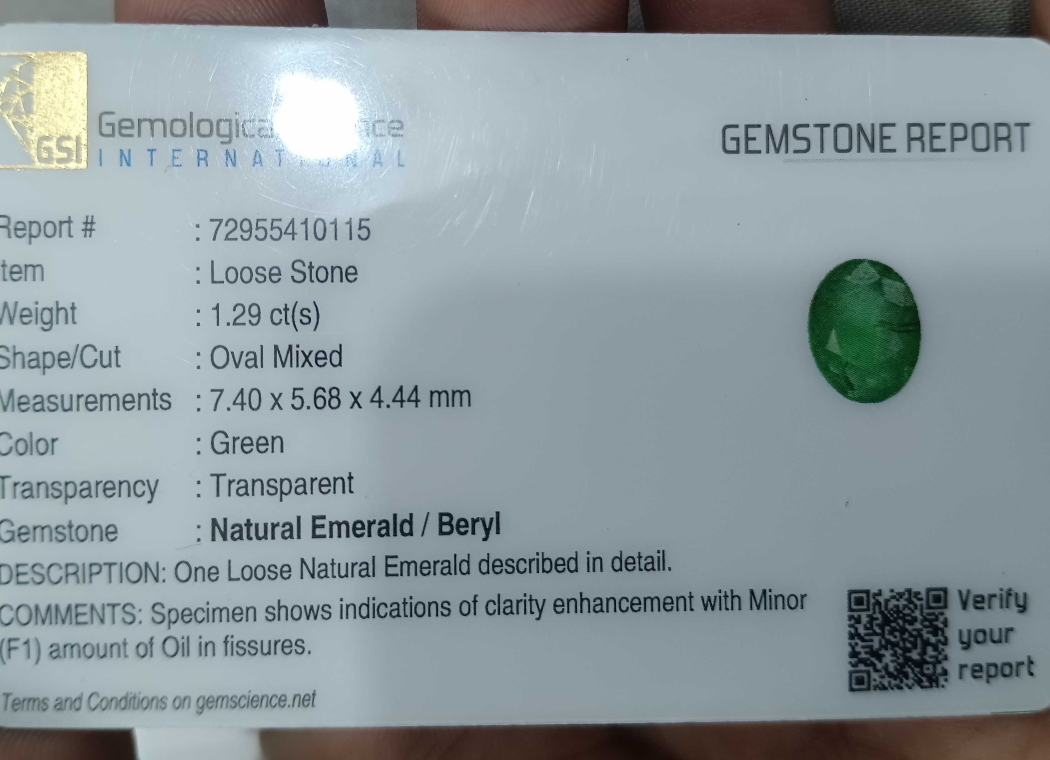 1.29cts GSI certified glass green oval cut emerald gemstone 