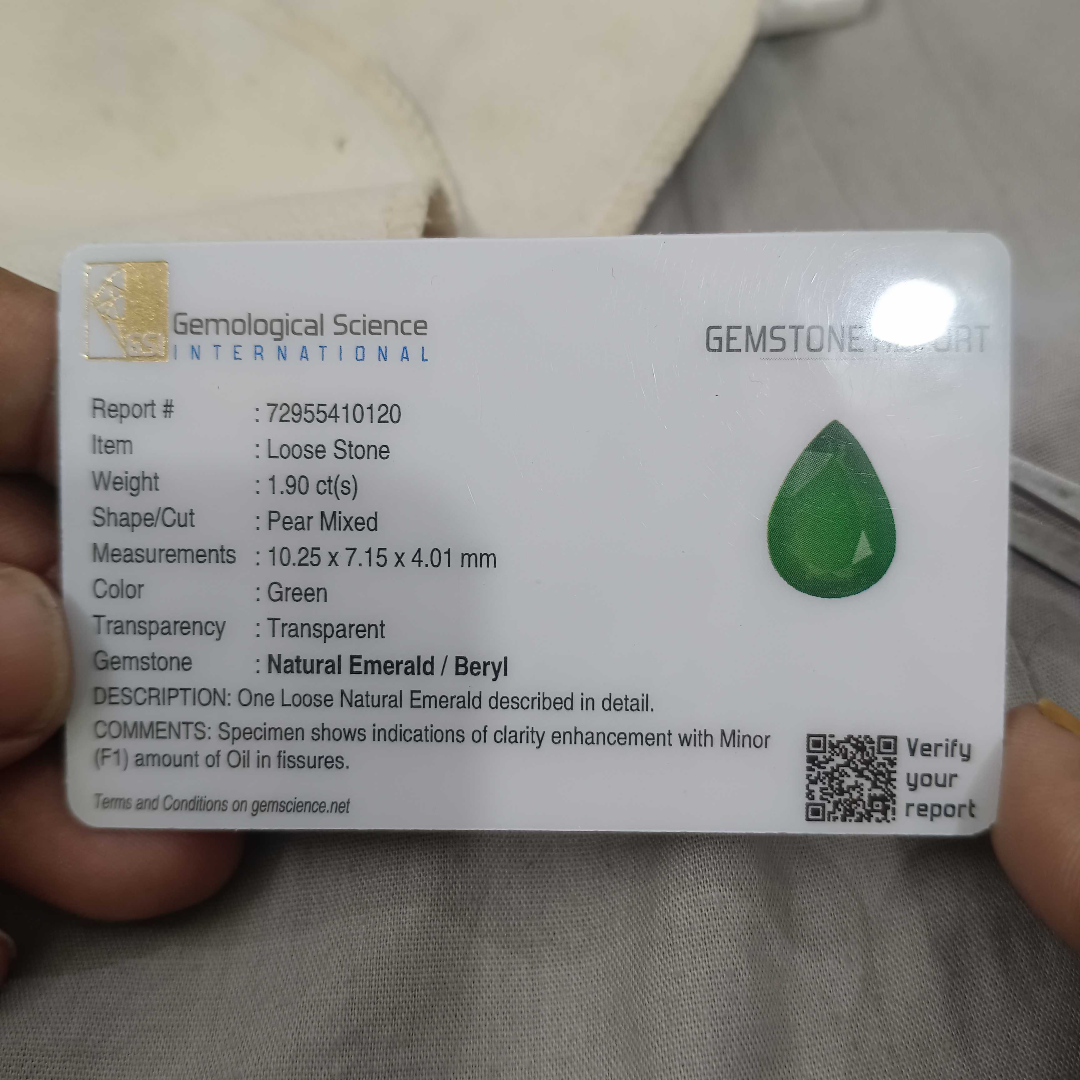 1.90cts GSI certified natural moist deep green pear cut emerald gemstone