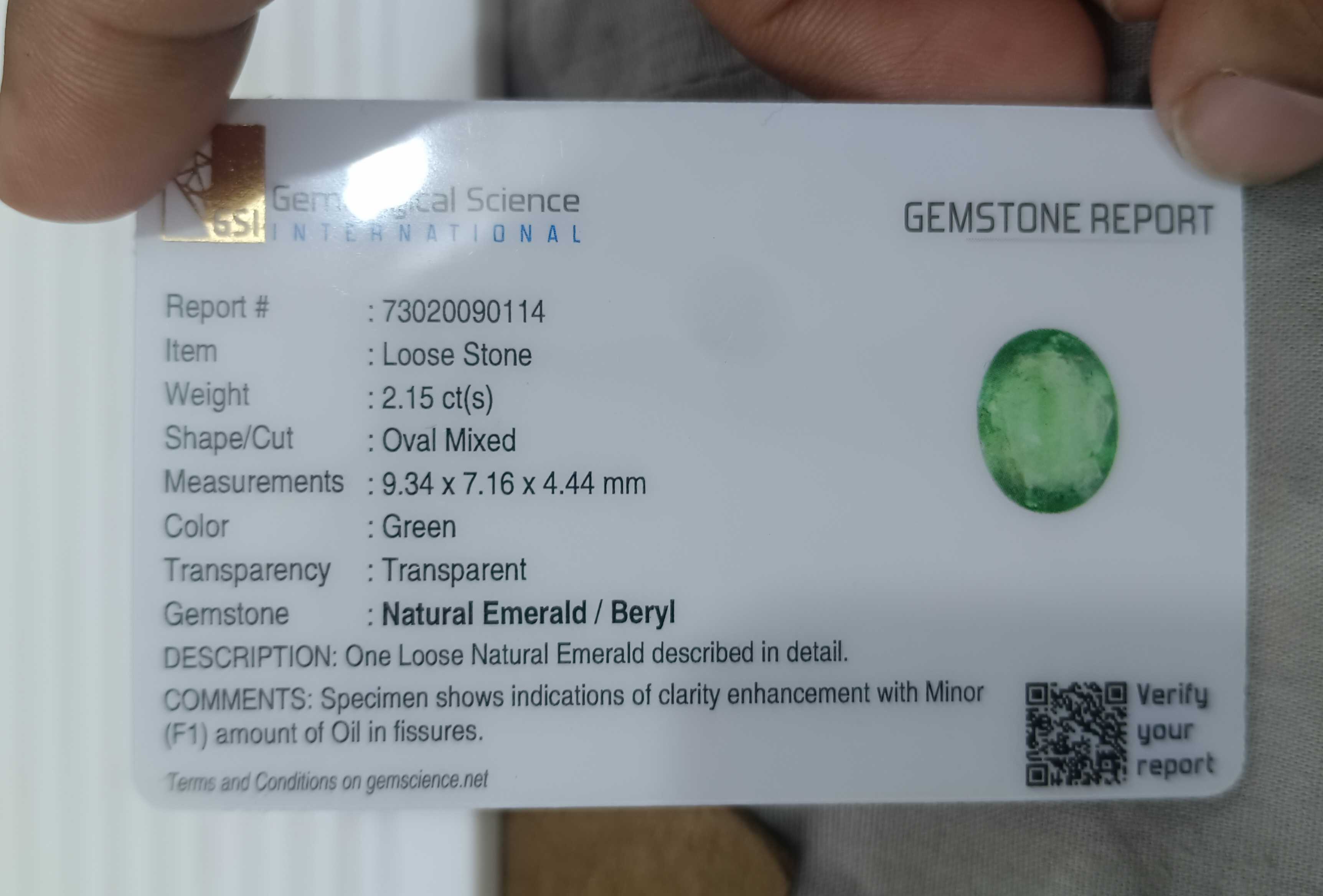 2.15cts GSI certified medium light green oval shape loose Zambian emerald 