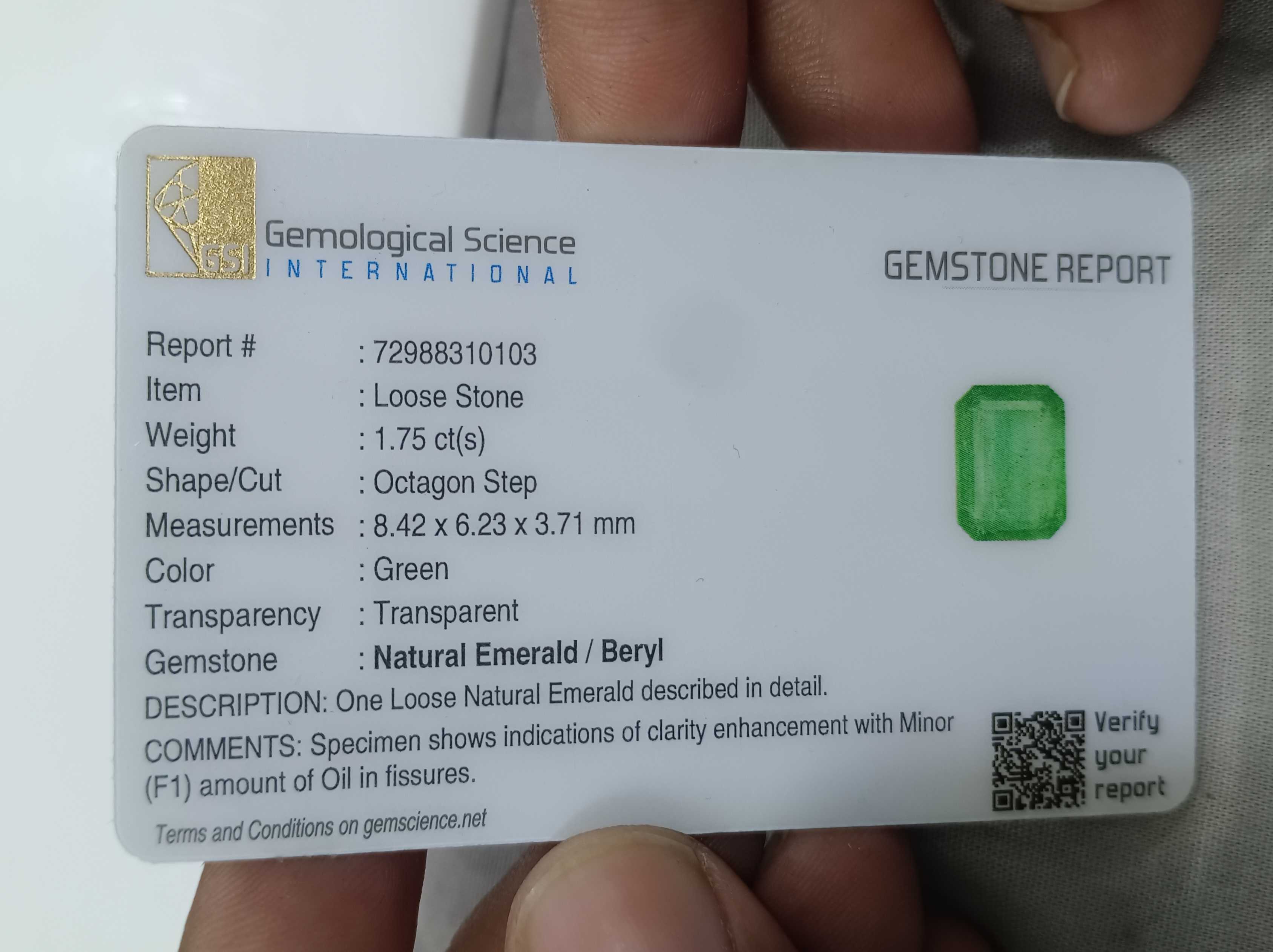 1.75cts certified medium light green octagon cut emerald stone 